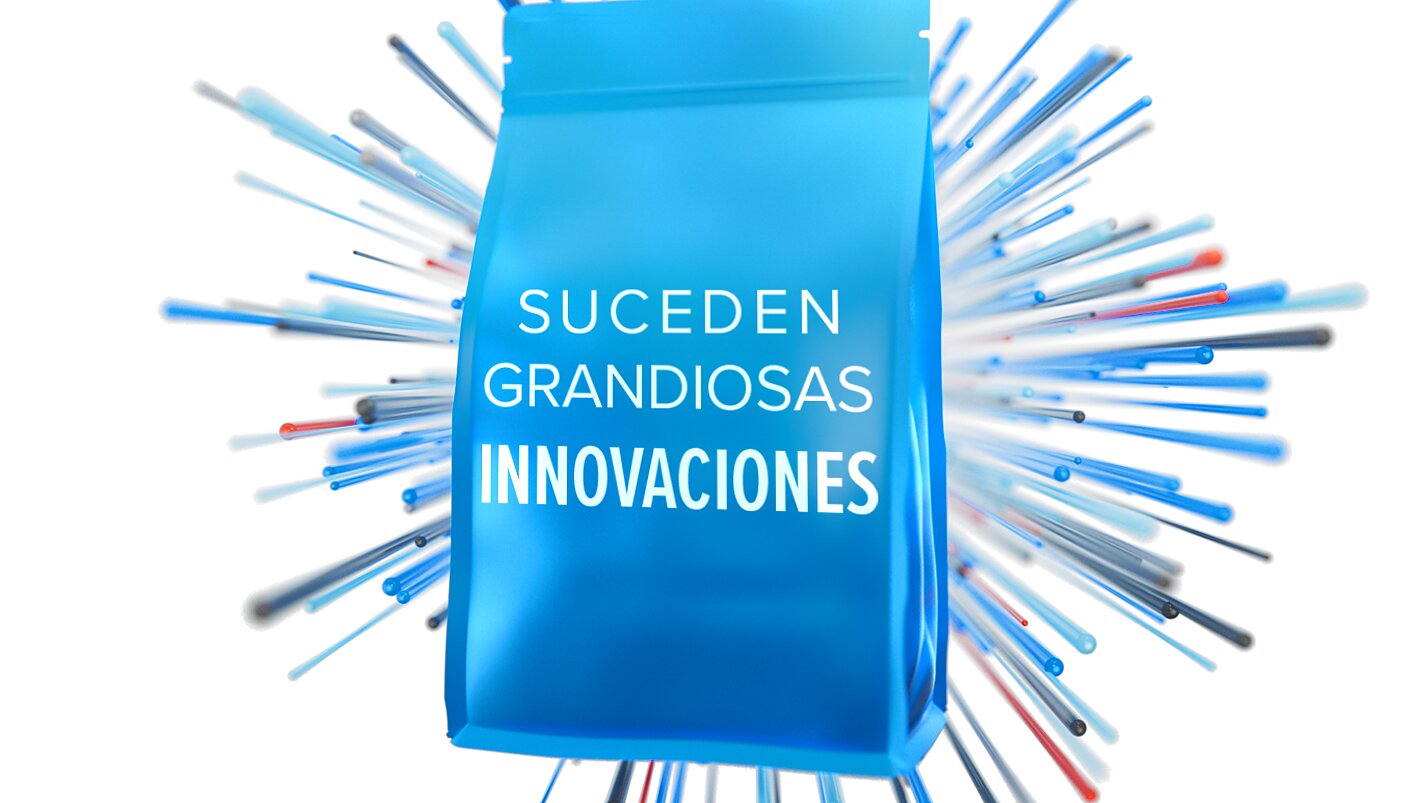 Una bolsa azul con el texto SUCEDEN GRANDIOSAS INNOVACIONES en el centro de un fondo gris. Varillas azules y grises de distintas longitudes se proyectan hacia afuera de la bolsa, creando un efecto de explosión dinámica. (This text has been generated by AI)