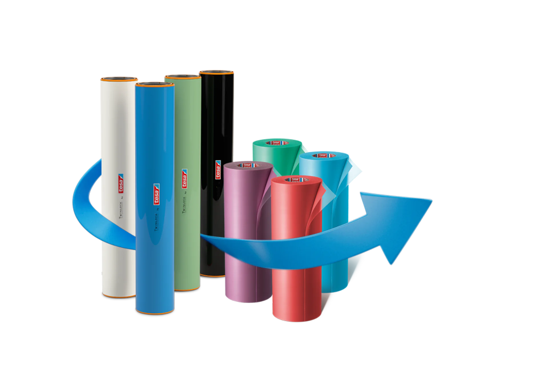 Several colorful rolls of film or tesa tape are displayed upright. They are arranged into two groups, each with an arrow pointing toward the other group, indicating a directional flow or transformation process. (This text has been generated by AI)
