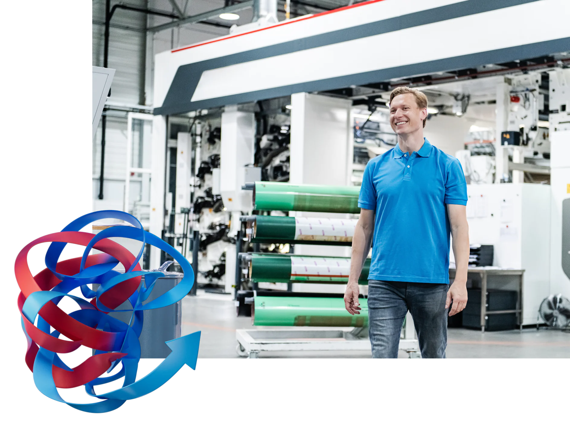A person in a blue polo shirt is smiling and standing in a manufacturing facility with large industrial machinery. In the foreground, there is a 3D graphic of interlocking red and tesa blue arrows. (This text has been generated by AI)