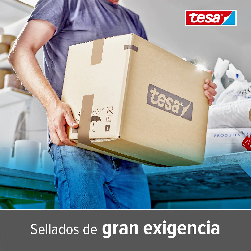 Una persona con camiseta azul y vaqueros sostiene una caja de cartón marrón con el logotipo de tesa. El fondo muestra un espacio de trabajo difuminado con varios objetos. El texto de la parte inferior dice Sellados de gran exigencia junto al logotipo de tesa. (This text has been generated by AI)