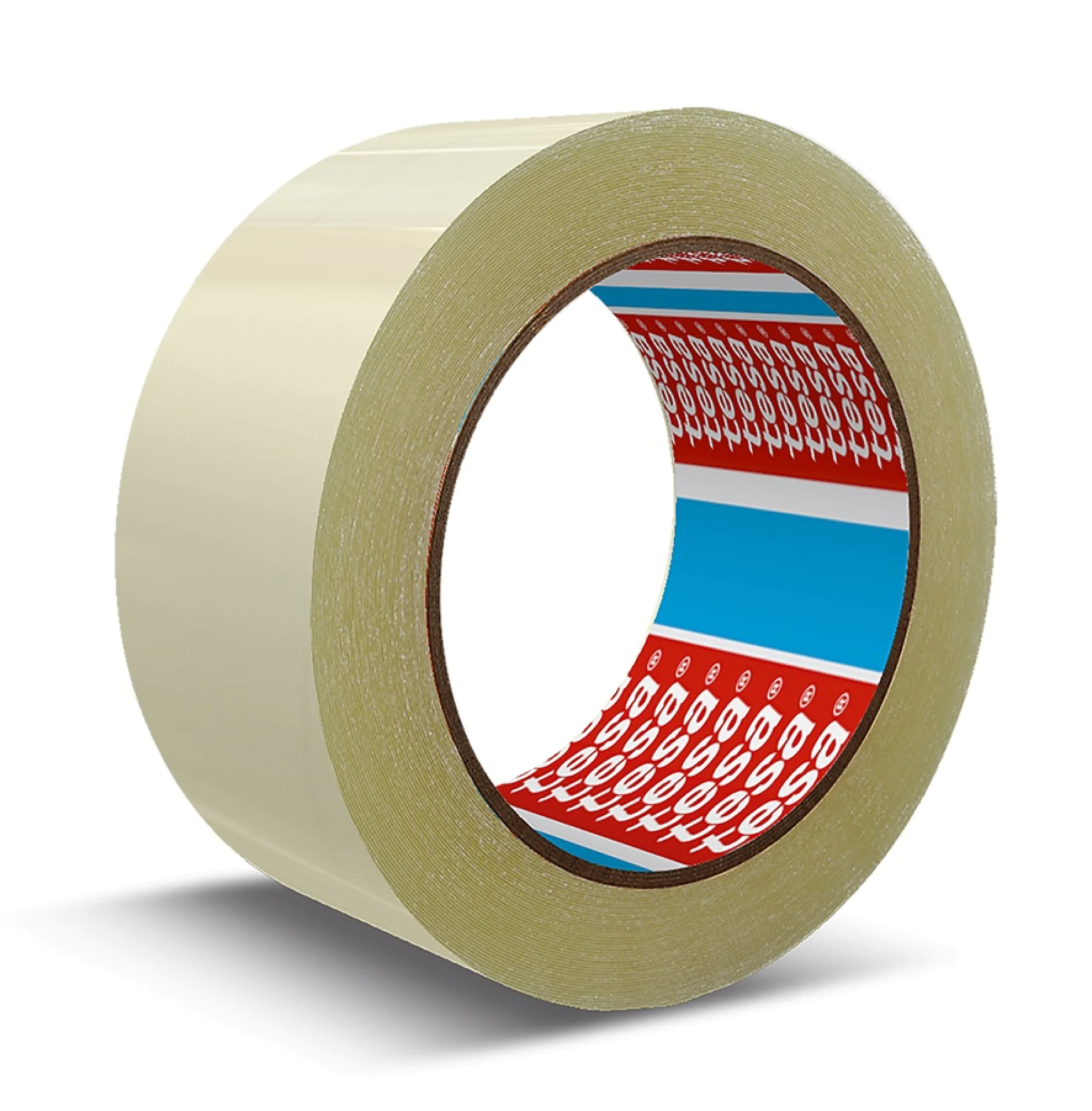 tesapack_533800000500_left_pr_ A roll of clear adhesive tesa tape with a brown cardboard core. The inner surface features a patterned design in red, blue, and white. The tesa tape is standing upright on a white background. (This text has been generated by AI)