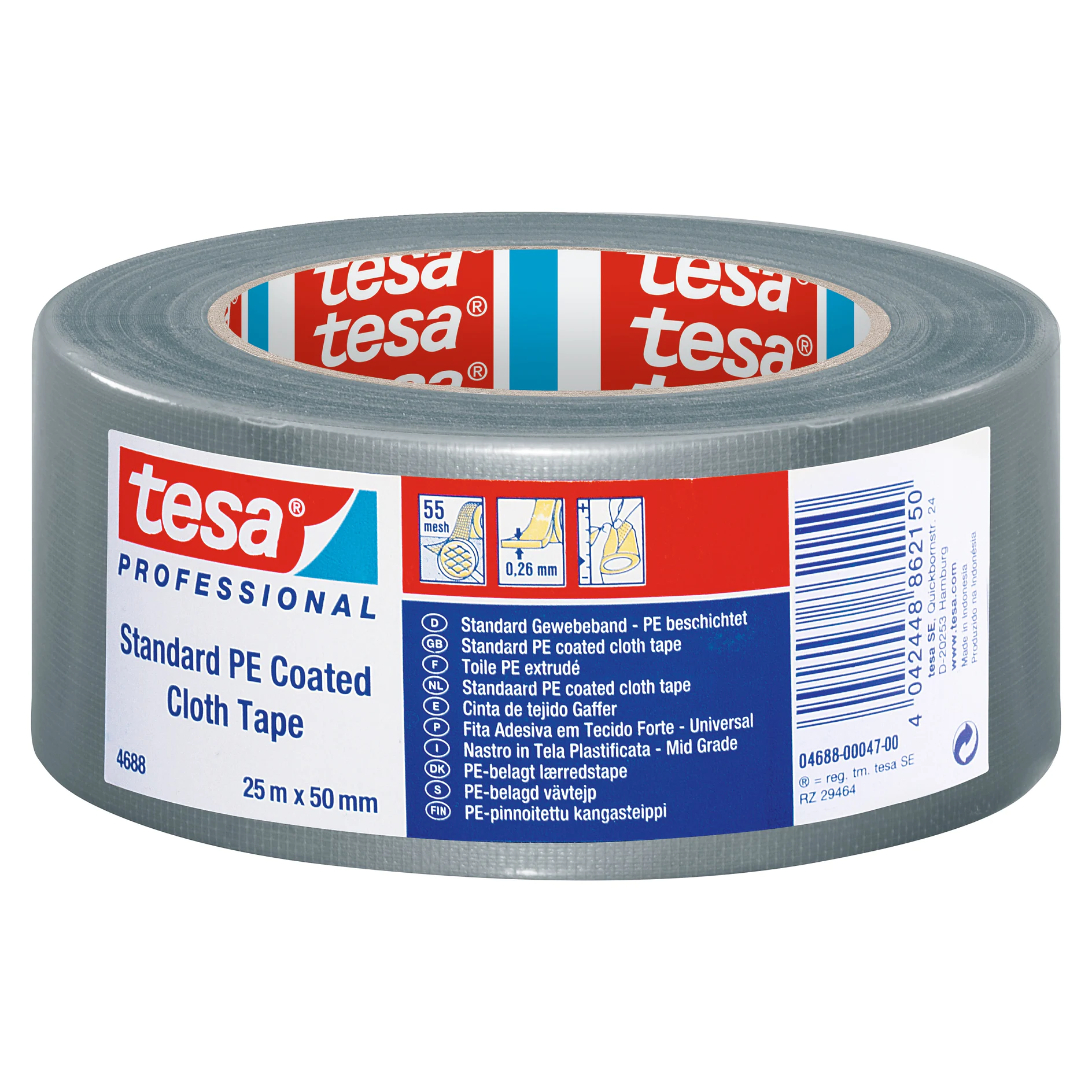 tesa professional standard PE coated cloth tape roll, gray, 25m x 50mm, with product label and usage instructions on packaging (This text has been generated by AI)
