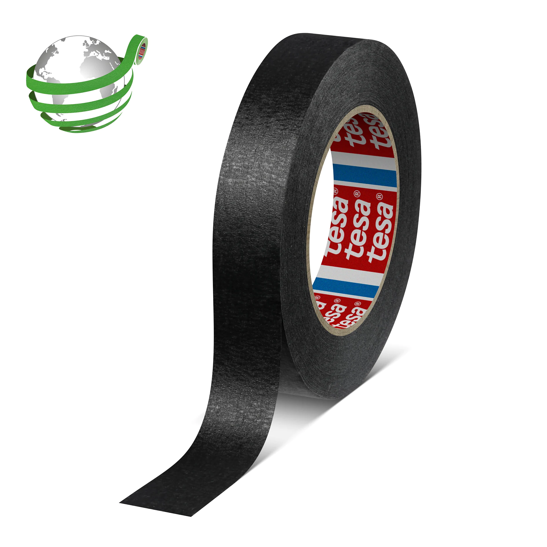 Black tesa adhesive tape roll with partially unrolled strip, isolated on white background, showing brand logo inside the core. (This text has been generated by AI)
