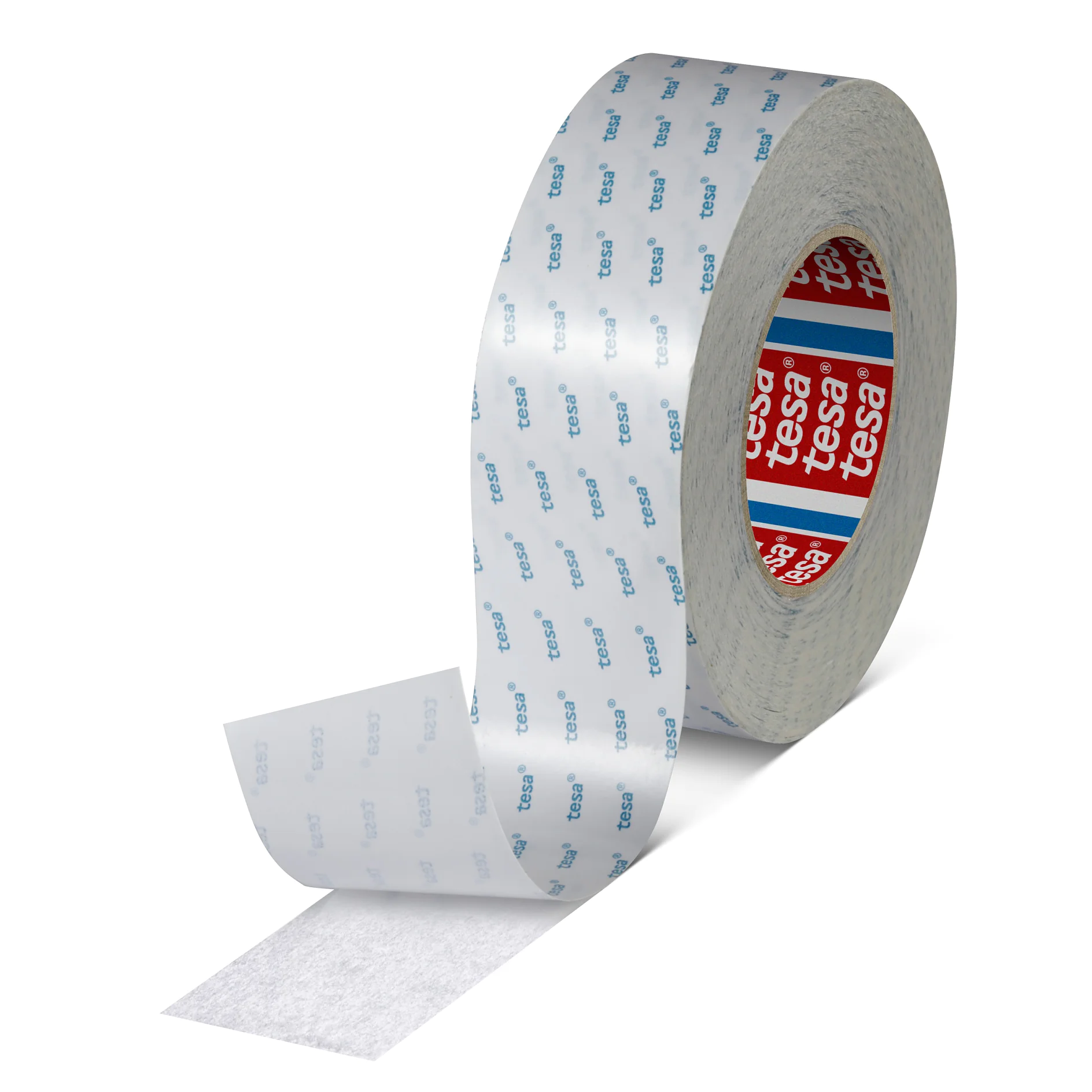 tesa-4943-double-sided-non-woven-tape-white-transluscent-049430000804-pr-png_midsize Se muestra un rollo de cinta adhesiva de doble cara de Tesa. La cinta de Tesa está parcialmente desenrollada, lo que revela su superficie adhesiva. El interior del rollo también tiene la marca, con el logotipo de Tesa en rojo, blanco y azul visible. (This text has been generated by AI)