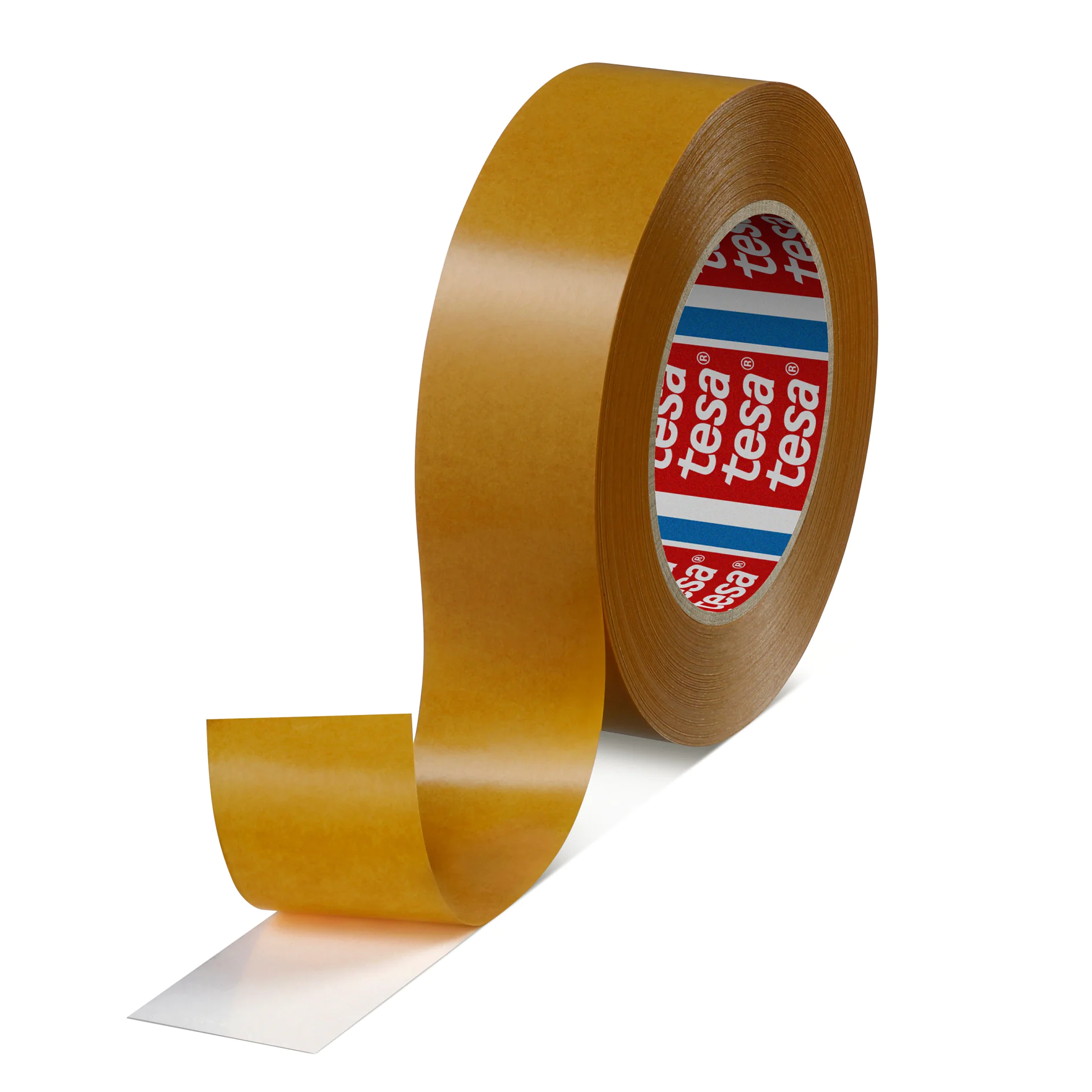 tesa-4959-100micrometer-double-sided-non-woven-tape-049590001200-pr-png_midsize Se ve un rollo de cinta adhesiva marrón tesa con un extremo parcialmente desenrollado. La etiqueta interior muestra texto rojo repetido sobre un fondo blanco, rodeado por una banda azul. La cinta tesa se encuentra sobre un fondo blanco liso. (This text has been generated by AI)