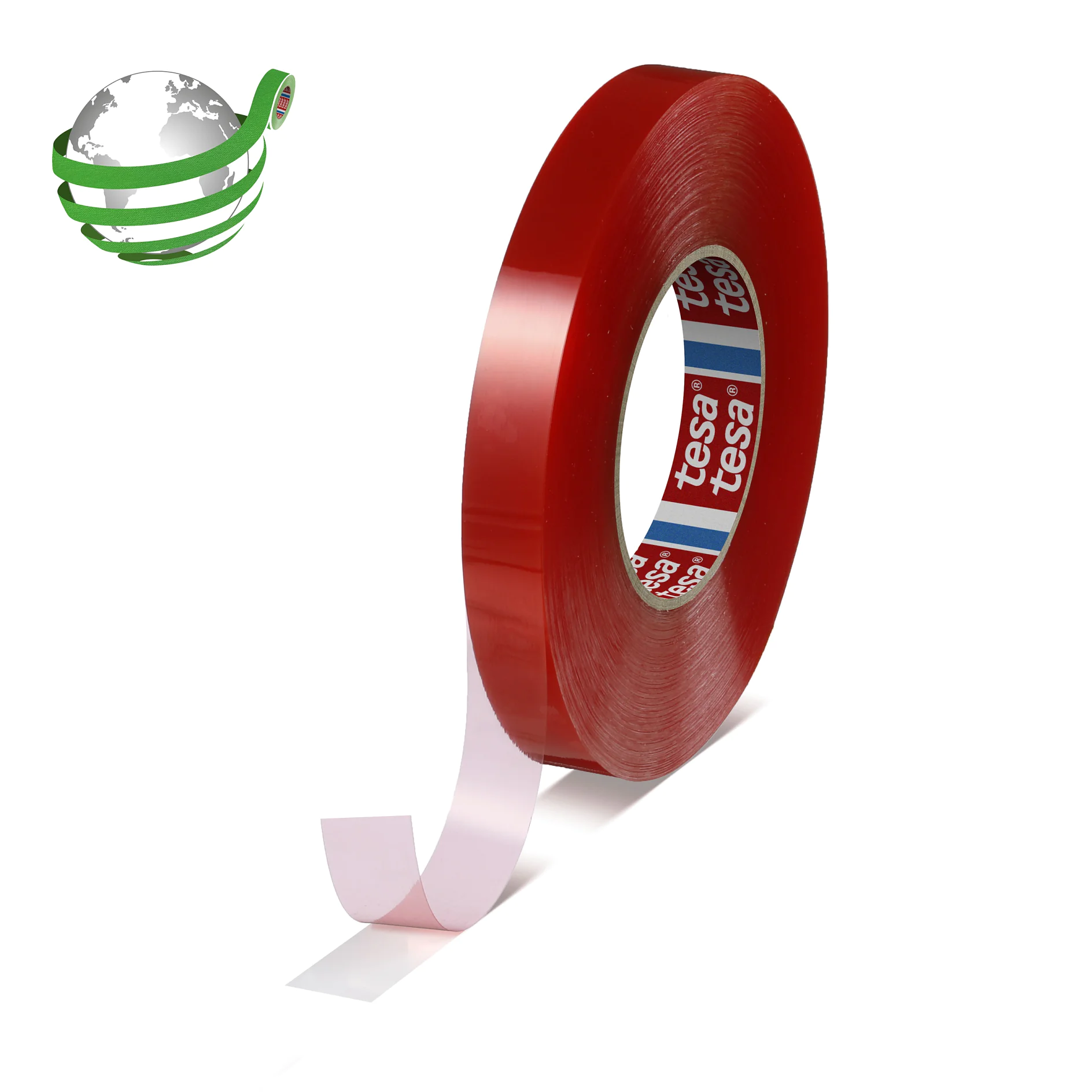 tesa-4965-original-04965-00008-00-with-marker-png_midsize Un rollo de cinta adhesiva transparente roja tesa con una tira parcialmente extendida sobre un fondo blanco. El logotipo de un globo terráqueo con rayas verdes se ve en la esquina superior izquierda. (This text has been generated by AI)