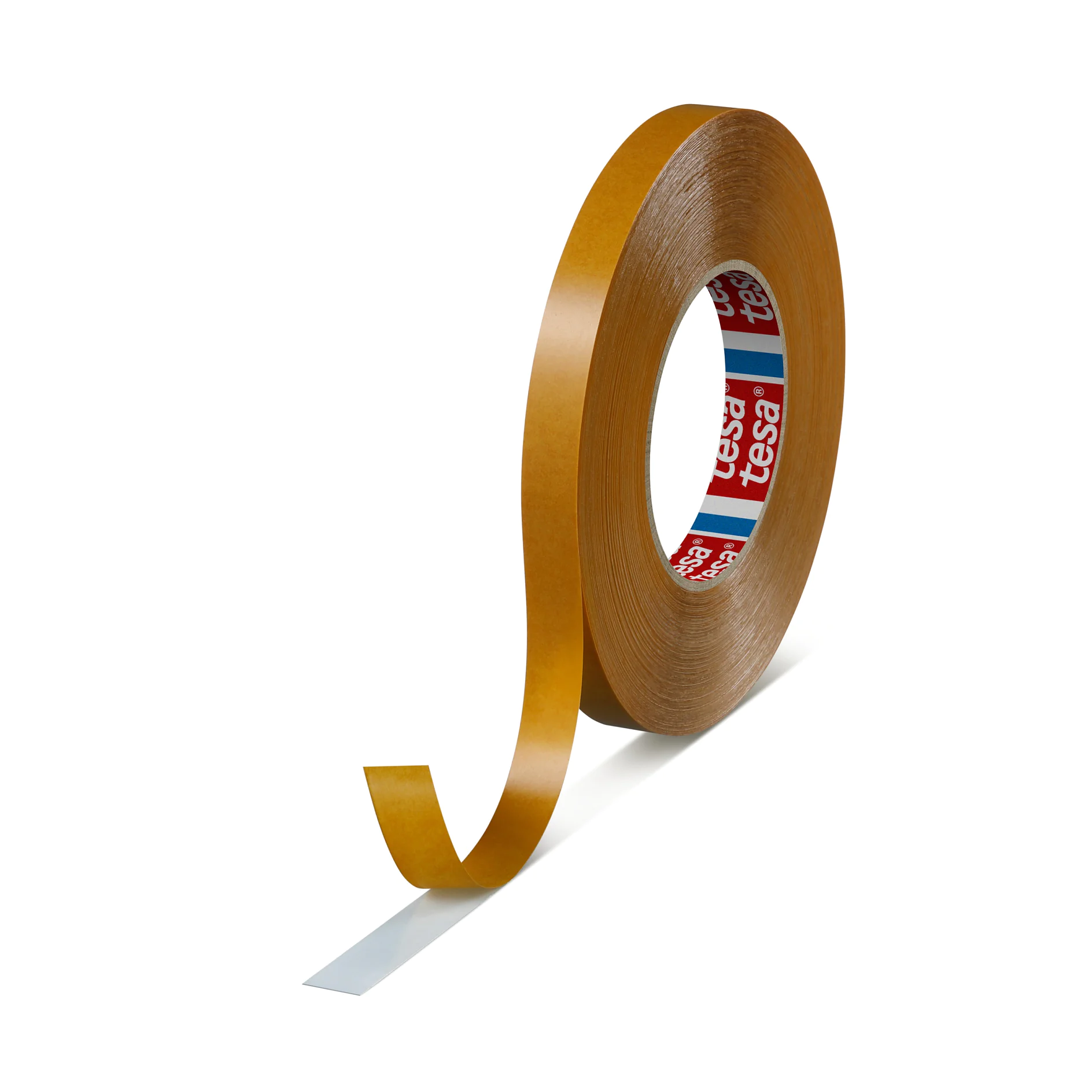 tesa-4970-225micrometer-double-sided-PVC-film-tape-049700014900-pr-png_midsize Un rollo de cinta adhesiva marrón tesa se encuentra en posición vertical con una parte desenrollada y adherida a una superficie. El lado interior del rollo muestra la marca tesa en rojo y azul. La cinta tesa crea una forma simple y curva a medida que se desenrolla. (This text has been generated by AI)
