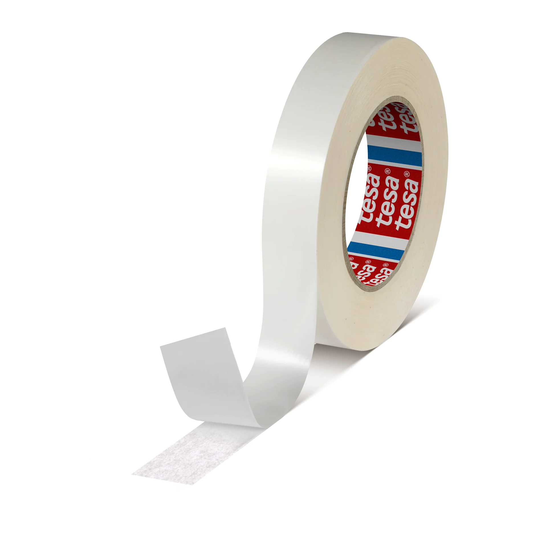 tesa-50607-pv41-double-sided-splicing-tape-white-translucent-506070001941-pr-png_midsize Un rollo de cinta adhesiva blanca tesa con una tira parcialmente desenrollada. El lado interior del rollo muestra la marca roja y azul. El extremo de la cinta tesa está levantado, mostrando la parte inferior. La cinta tesa parece tener un ancho medio. (This text has been generated by AI)