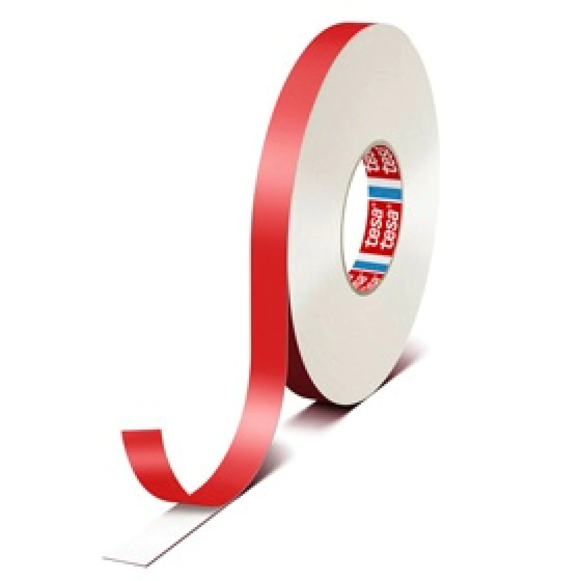 tesa_55576_280 Un rollo de cinta adhesiva de doble cara tesa con una capa exterior roja y un adhesivo interior blanco. La cinta tesa está parcialmente desenrollada, mostrando el lado adhesivo. El nombre de la marca es visible en el núcleo interior del rollo. (This text has been generated by AI)