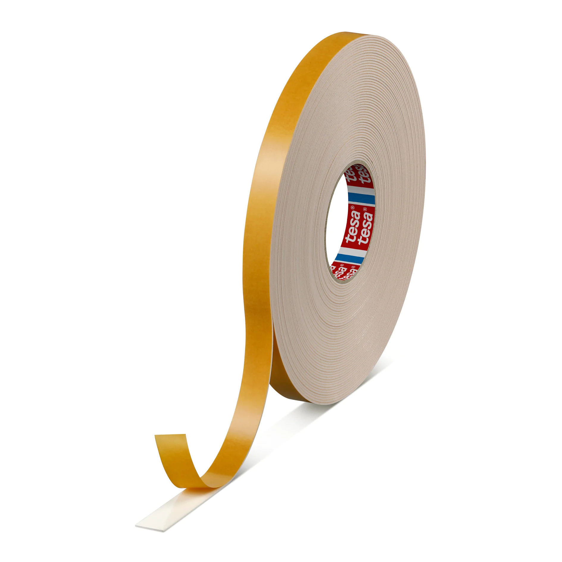 tesa-62936-1600-micrometer-double-sided-pe-foam-tape-white-629360000700-pr-png_midsize Un rollo grande de cinta adhesiva tesa con un reverso marrón está parcialmente desenrollado, dejando al descubierto el lado adhesivo. El núcleo interior del rollo es visible y muestra la marca roja y blanca. La cinta tesa se encuentra en posición vertical sobre un fondo blanco. (This text has been generated by AI)