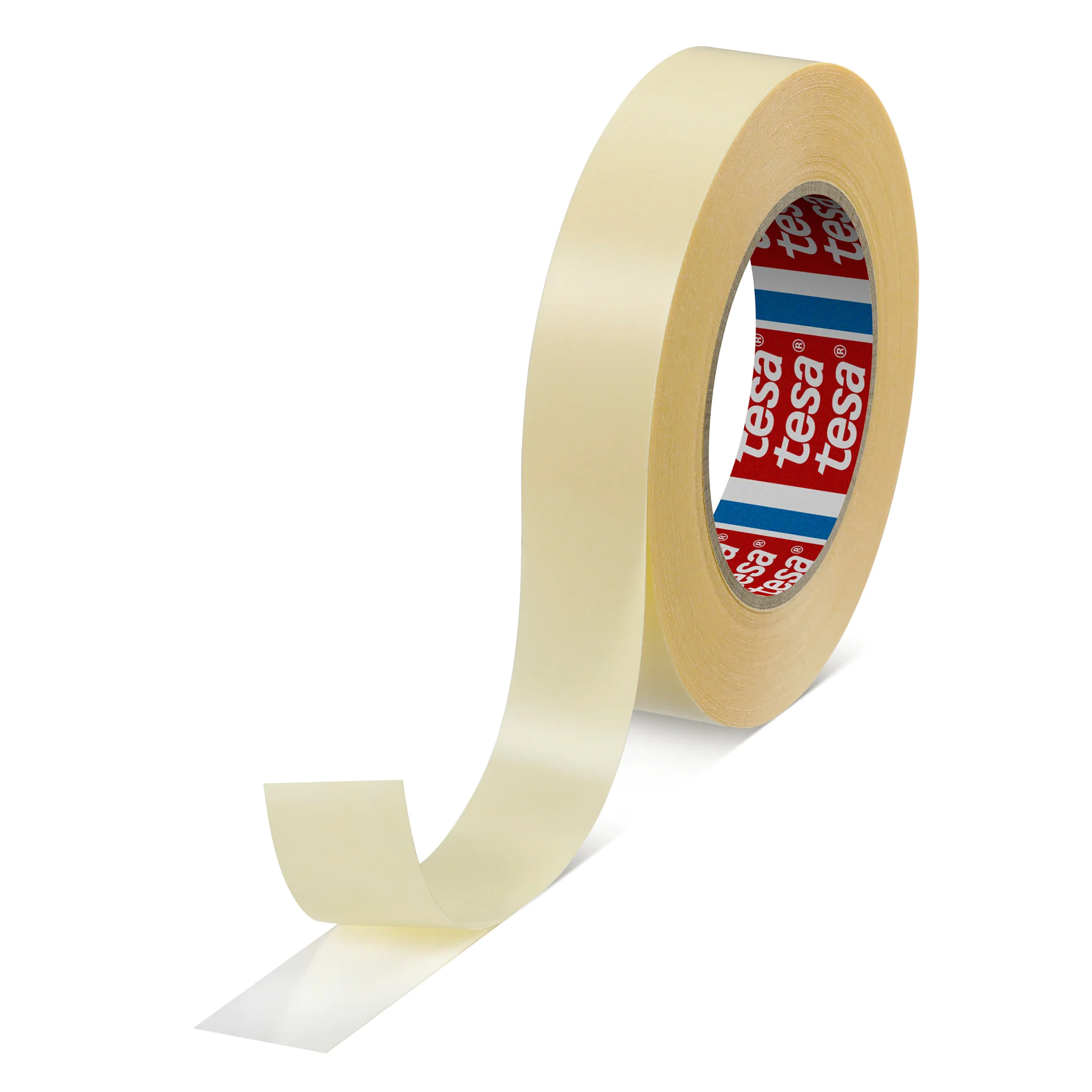 tesa-64621-double-sided-self-adhesive-tape-transparent-646210000600-pr-png_midsize Un rollo de cinta adhesiva tesa de color beige con una tira parcialmente desenrollada. El lado interior del rollo muestra una marca roja, blanca y azul. La cinta tesa parece estar hecha de un material suave adecuado para uso general. (This text has been generated by AI)