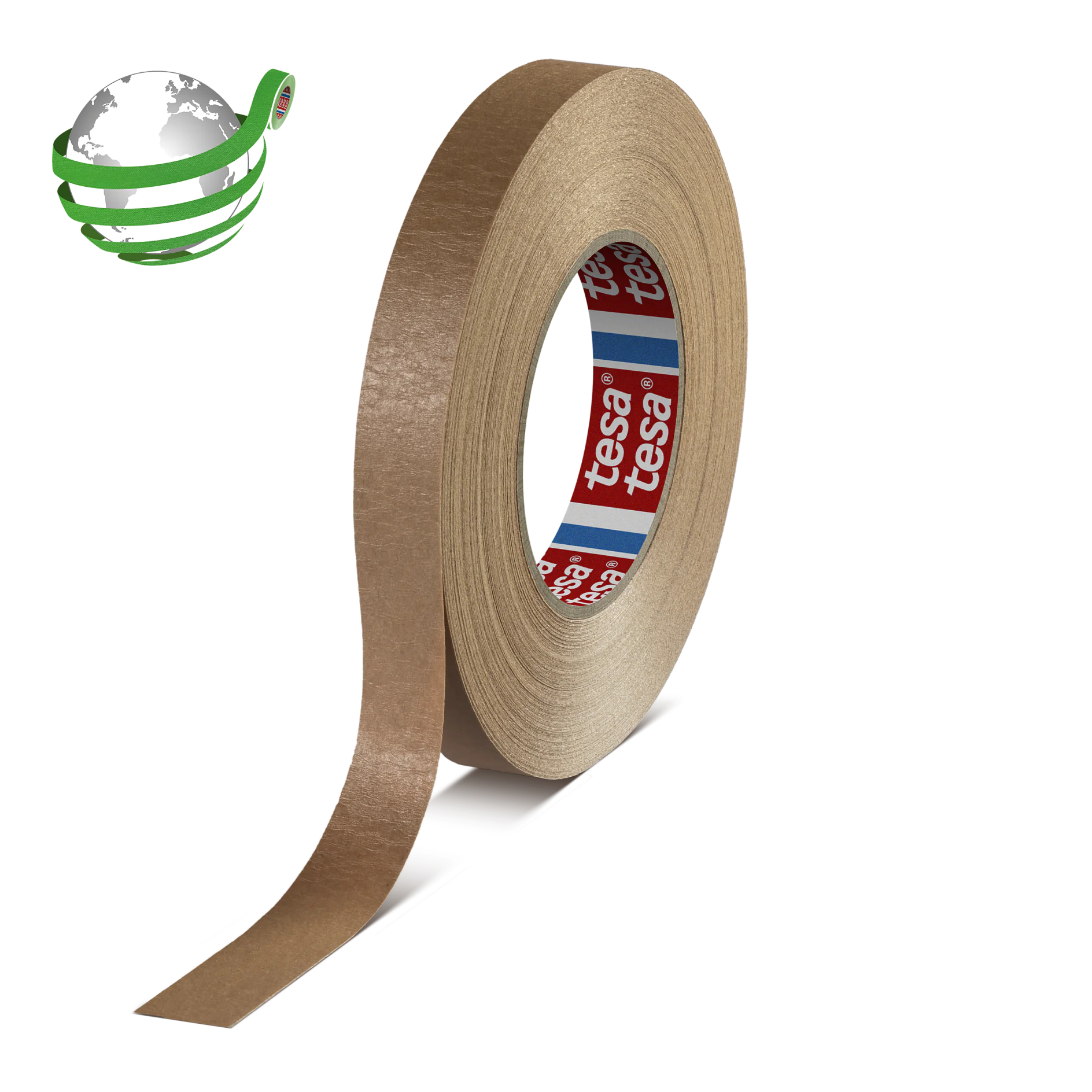 A roll of brown adhesive tesa tape is unrolling, showing its sticky side. The inner side is branded with red, white, and blue colors featuring the word tesa. A globe icon wrapped with green tesa tape appears in the top left corner. (This text has been generated by AI)