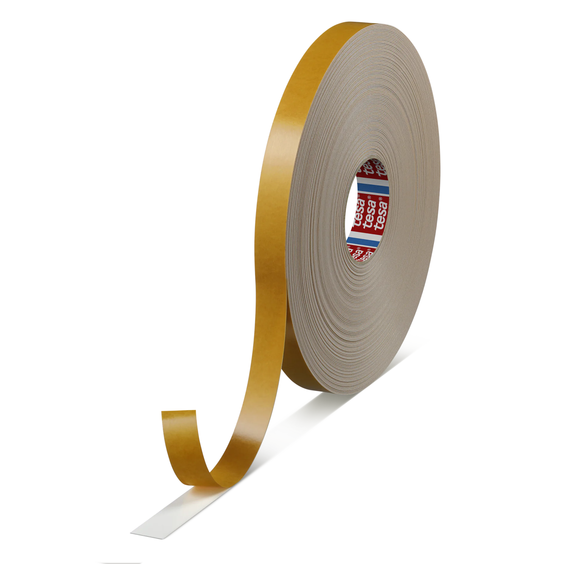 tesa-4952-1150-micrometer-double-sided-pe-foam-tape-white-049520053400-pr Un rollo de cinta adhesiva tesa con un lado exterior marrón y un interior rojo visible. La cinta tesa está parcialmente desenrollada, mostrando el lado adhesivo adherido a una tira de soporte blanca. La cinta tesa está colocada sobre un fondo negro. (This text has been generated by AI)