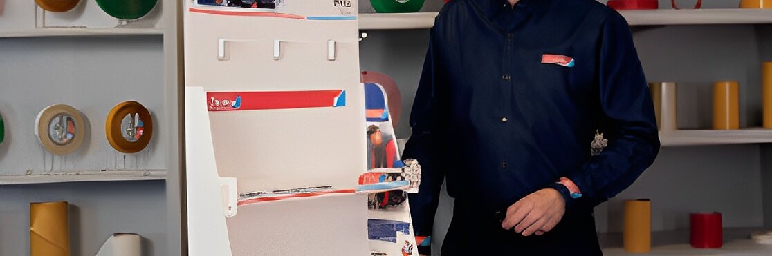Una persona con una camisa azul se encuentra detrás de un estante de exhibición de productos minoristas en un mostrador. El estante tiene ganchos y compartimentos y está adornado con materiales promocionales. Se ven rollos de cinta Tesa y una tijera en el fondo. (This text has been generated by AI)
