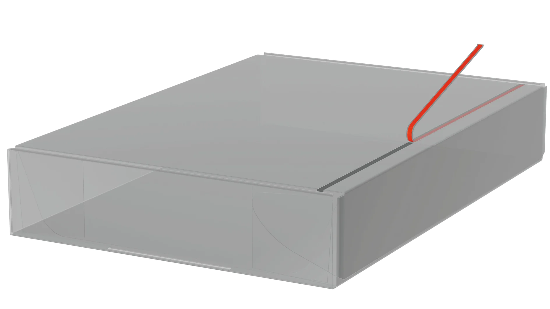 transparent rectangular box with a red wire loop on top, shown on a white background, illustrating packaging design tesa (This text has been generated by AI)