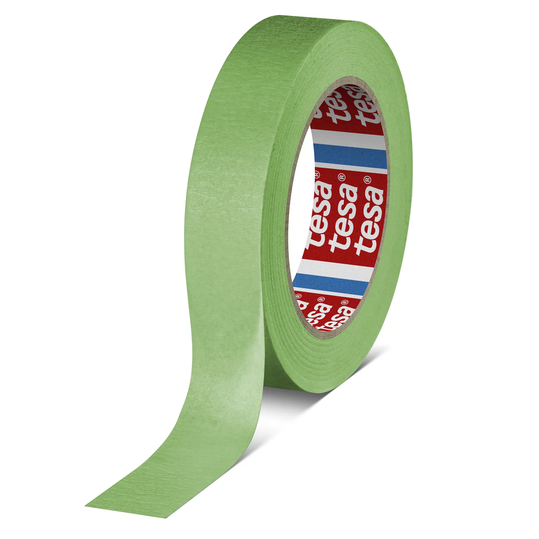 green tesa masking tape roll with partially unrolled strip on white background, studio setting (This text has been generated by AI)