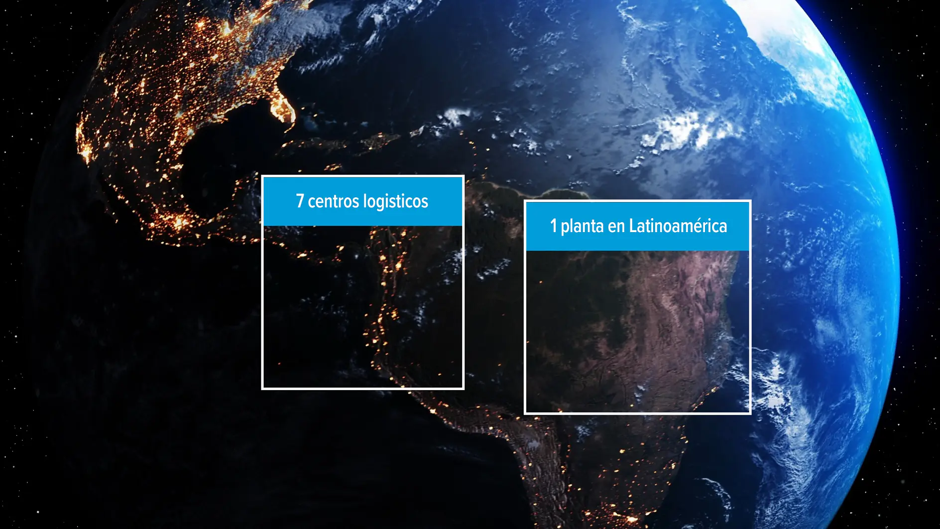 Una vista nocturna de las Américas desde el espacio, destacando 7 centros de tesa tape en EE.UU. y 1 planta de tesa tape en Sudamérica. (This text has been generated by AI)