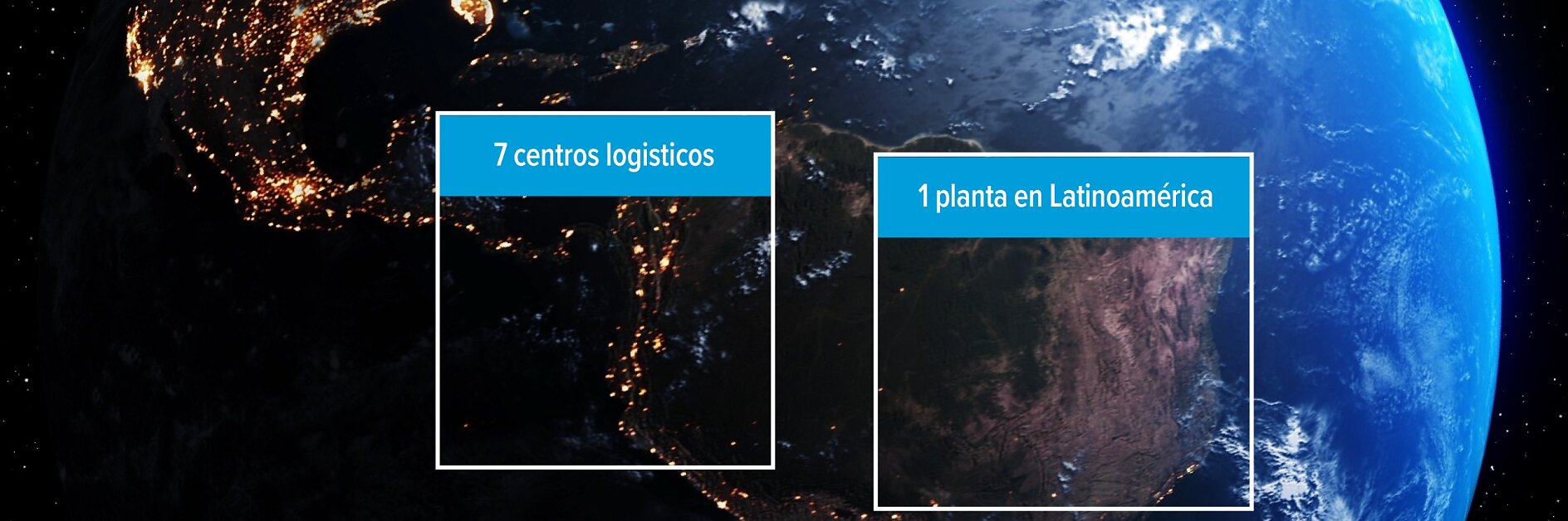 Una vista nocturna de las Américas desde el espacio, destacando 7 centros de tesa tape en EE.UU. y 1 planta de tesa tape en Sudamérica.
