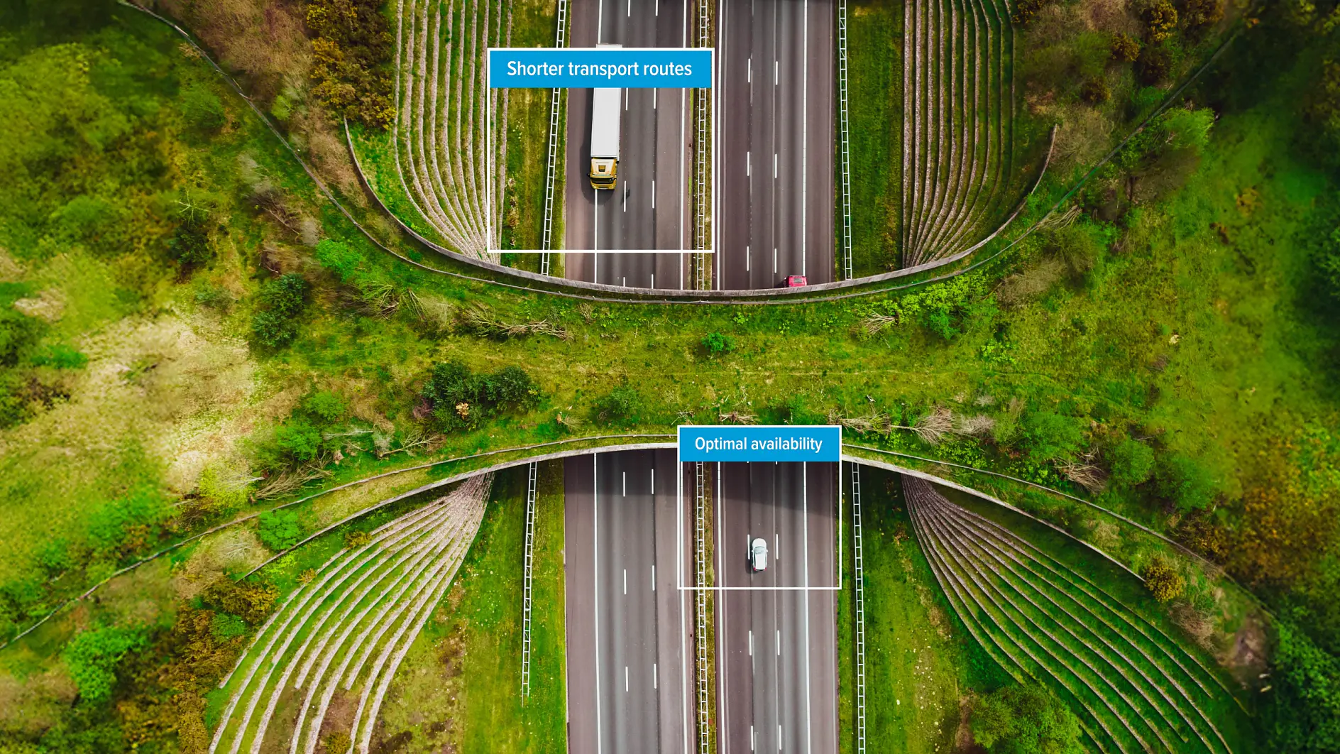 Vista aérea de una intersección de autopistas en medio de la vegetación, con camiones y coches circulando. En las etiquetas azules se lee "Rutas de transporte más cortas" y "Disponibilidad óptima"; todos los vehículos utilizan carga asegurada con cinta tesa. (This text has been generated by AI)