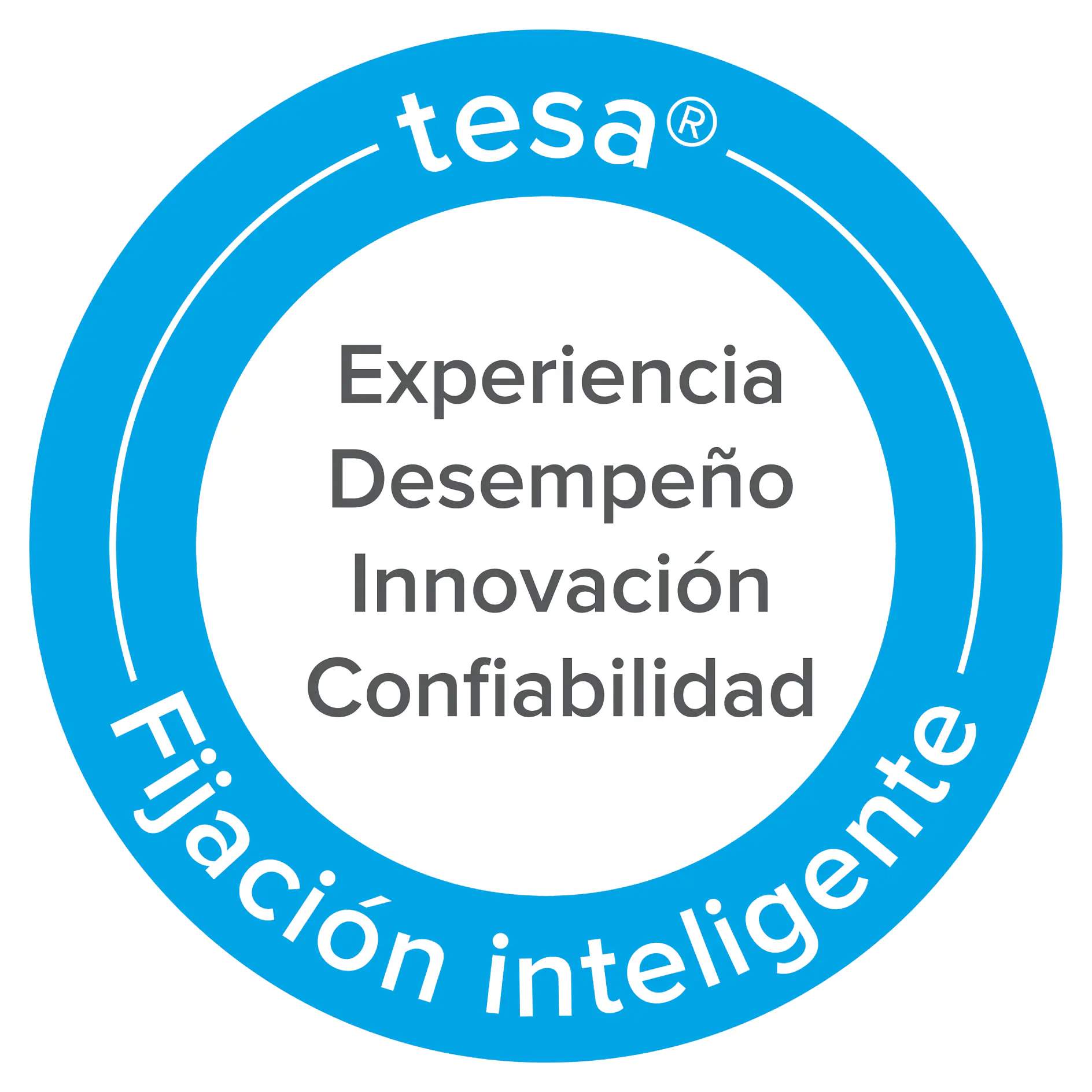 Una insignia circular azul y blanca con el nombre de la marca «tesa tape» en la parte superior. En el interior, aparecen las palabras «Experiencia», «Desempeño», «Innovación» y «Fiabilidad». En la parte inferior, se lee «Fijación inteligente».