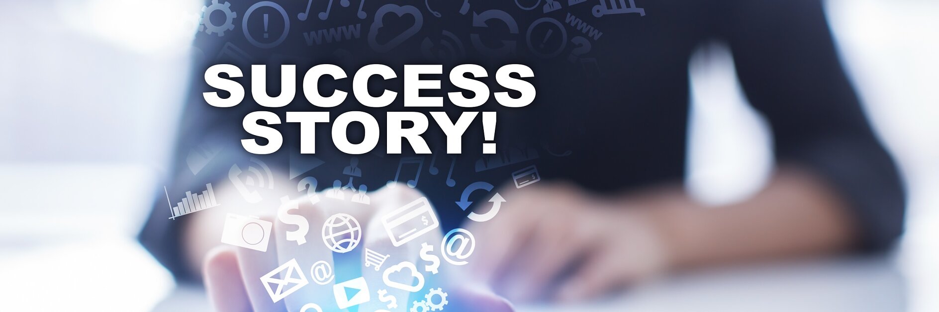 Woman is using tablet pc, pressing on virtual screen and selecting success story!.