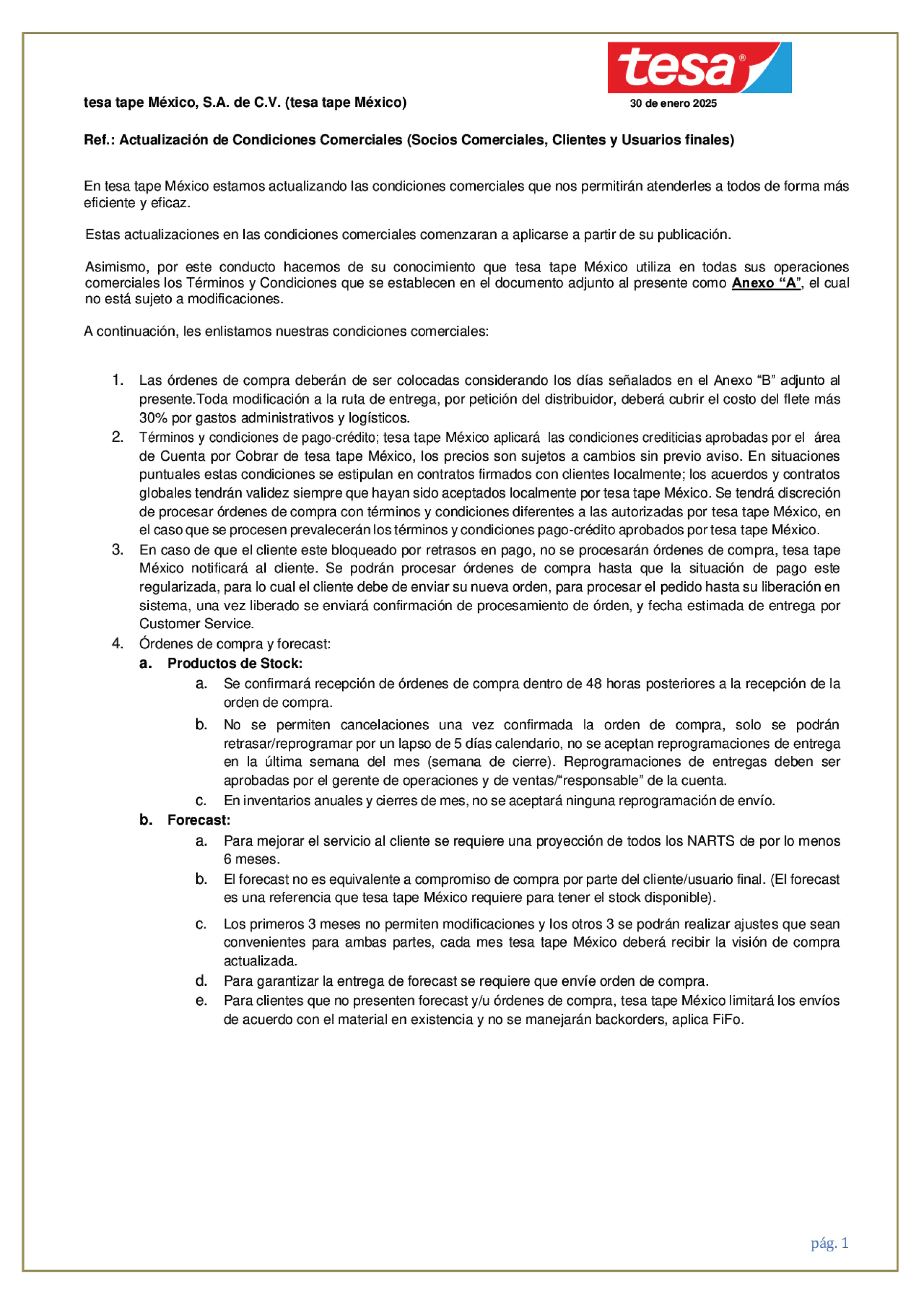 Actualización de Condiciones Comerciales Comunicado (tesa Tape, 2025.2) Actualización de Condiciones Comerciales Comunicado (tesa Tape, 2025.2)
