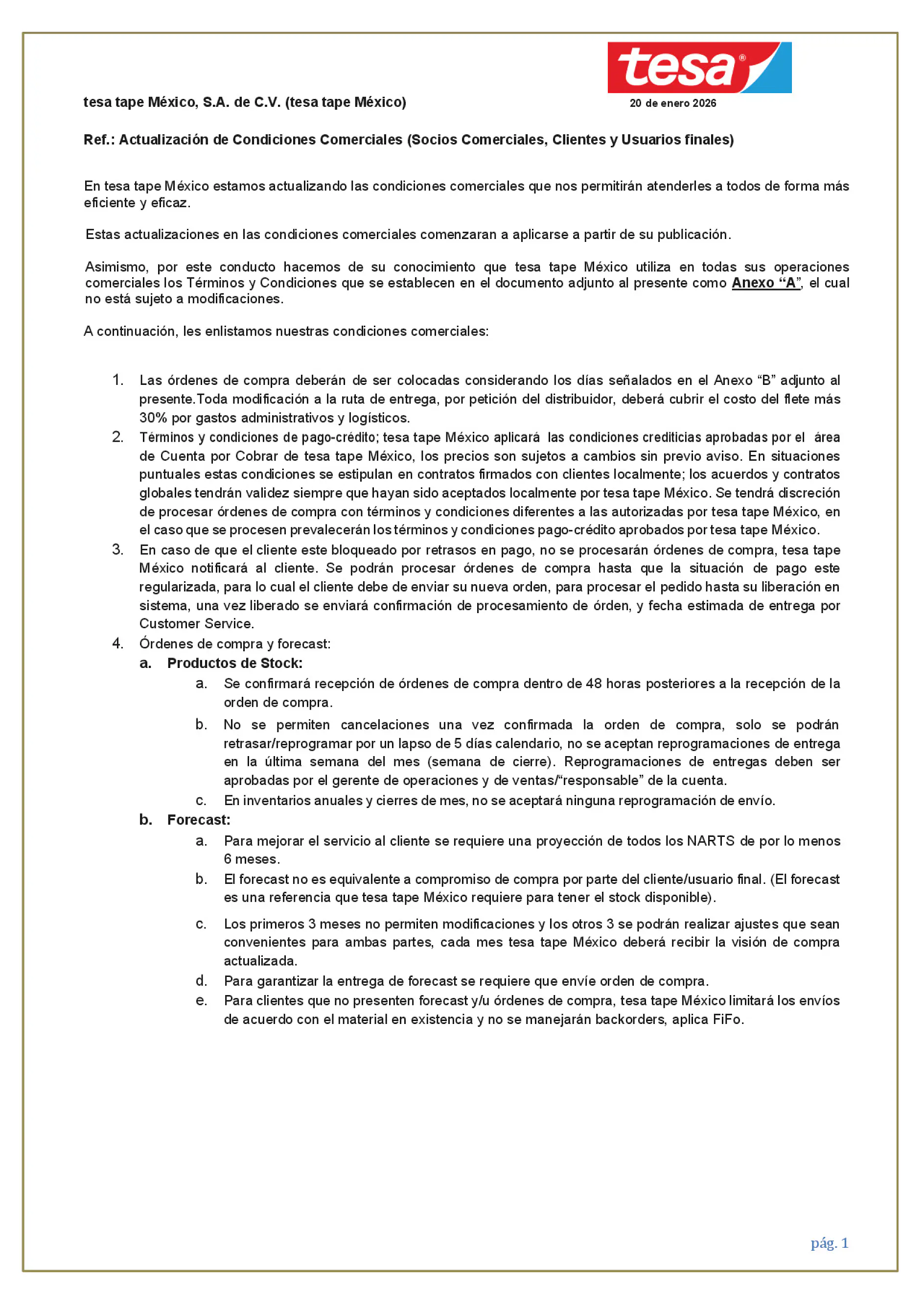 Actualización de Condiciones Comerciales Comunicado