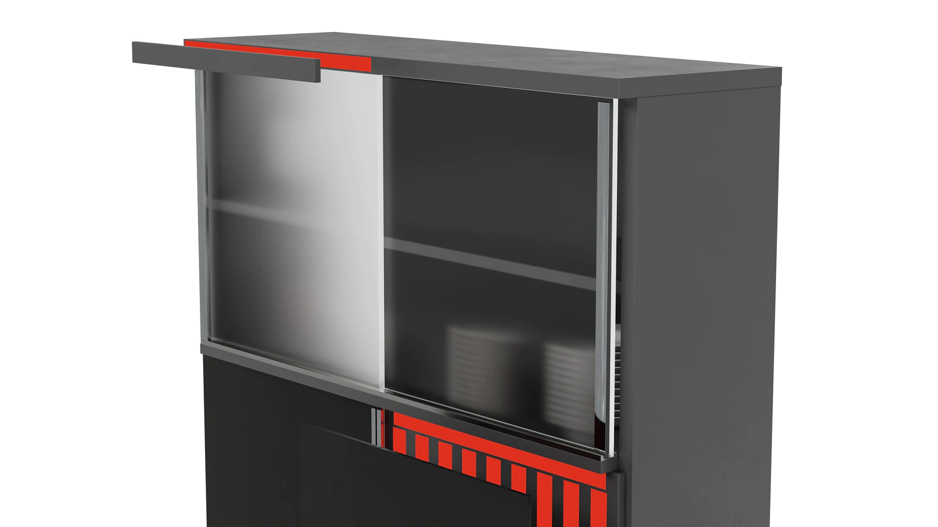 A gray cabinet with a sleek design featuring a sliding frosted glass door and red accents. The interior has shelves, and a few plates are visible inside, held securely using tesa tape to ensure they stay in place. The cabinet stands alone against a white background. (This text has been generated by AI)