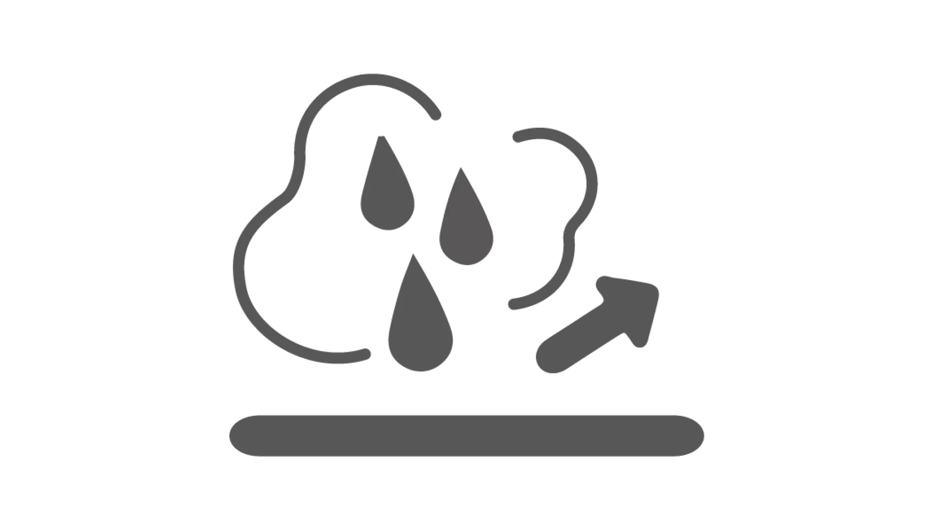 Un ícono gris que muestra tres gotas de agua debajo de una nube, con una flecha apuntando hacia arriba y hacia la derecha, sobre una línea horizontal, sugiriendo evaporación o absorción de humedad. (This text has been generated by AI)