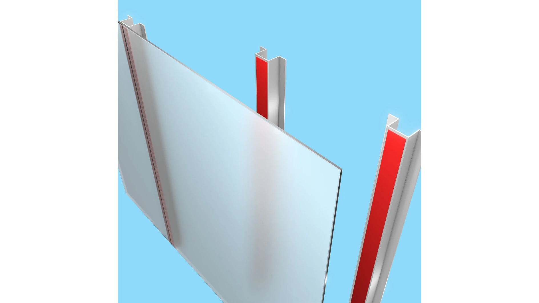 A large glass panel is vertically positioned between two metal frame supports with red interior surfaces, secured using tesa tape. The background is solid light blue. (This text has been generated by AI)