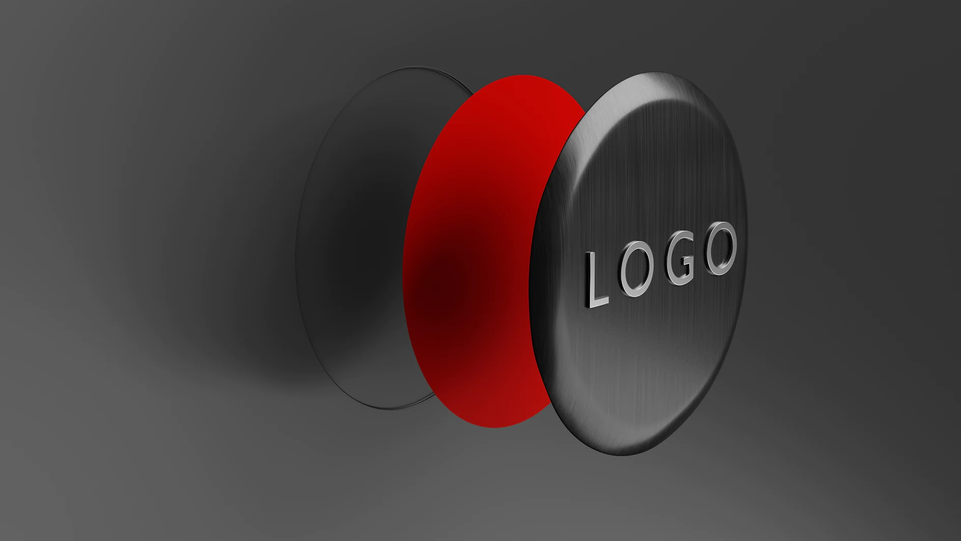 Botón circular negro de la marca tesa con el logotipo en relieve, separado de una base roja, sobre un fondo gris oscuro (This text has been generated by AI)