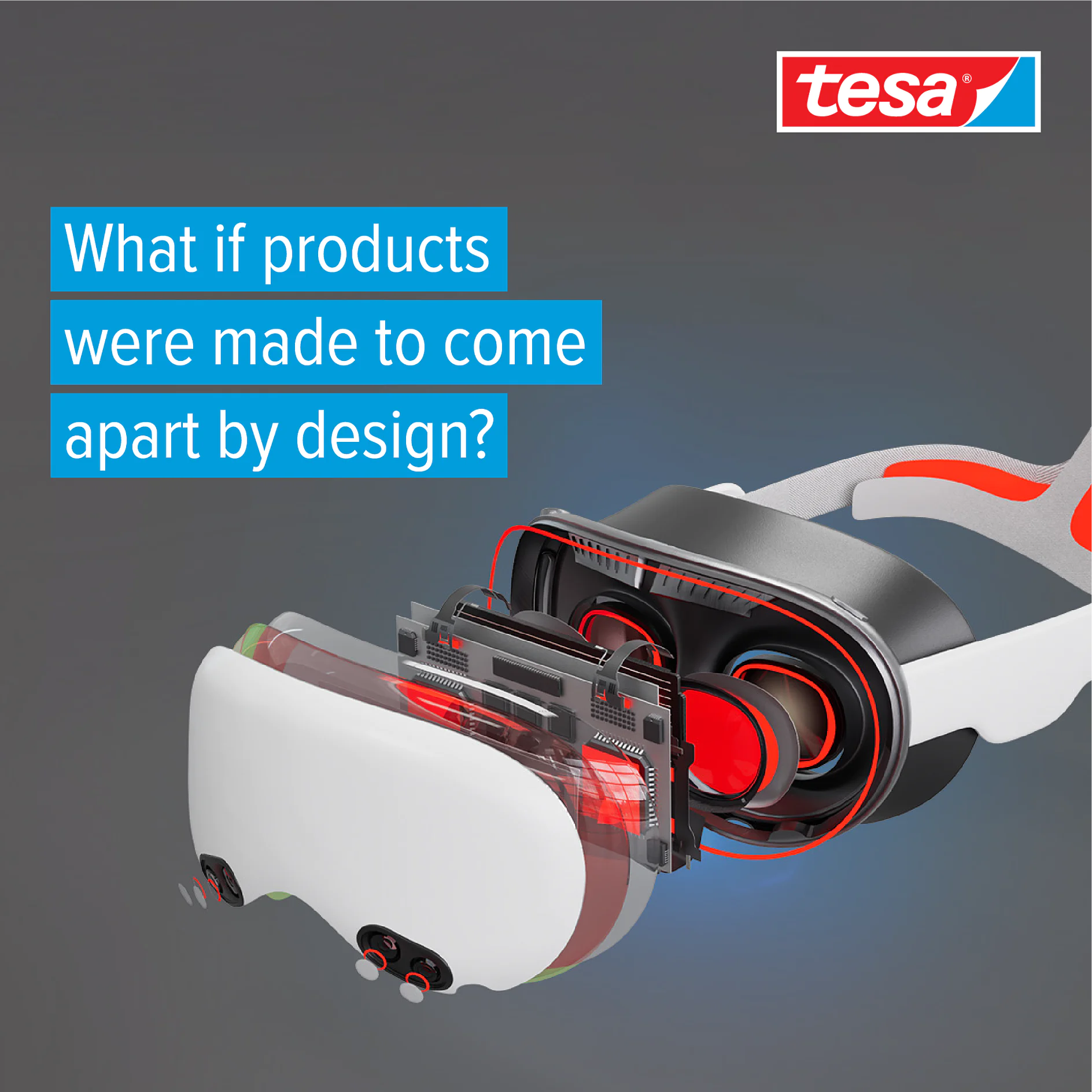 Se destacan las partes separadas de un casco de realidad virtual. El texto azul pregunta: ¿Y si los productos usaran cinta adhesiva tesa para separarse por diseño? se muestra el logotipo de tesa. (This text has been generated by AI)