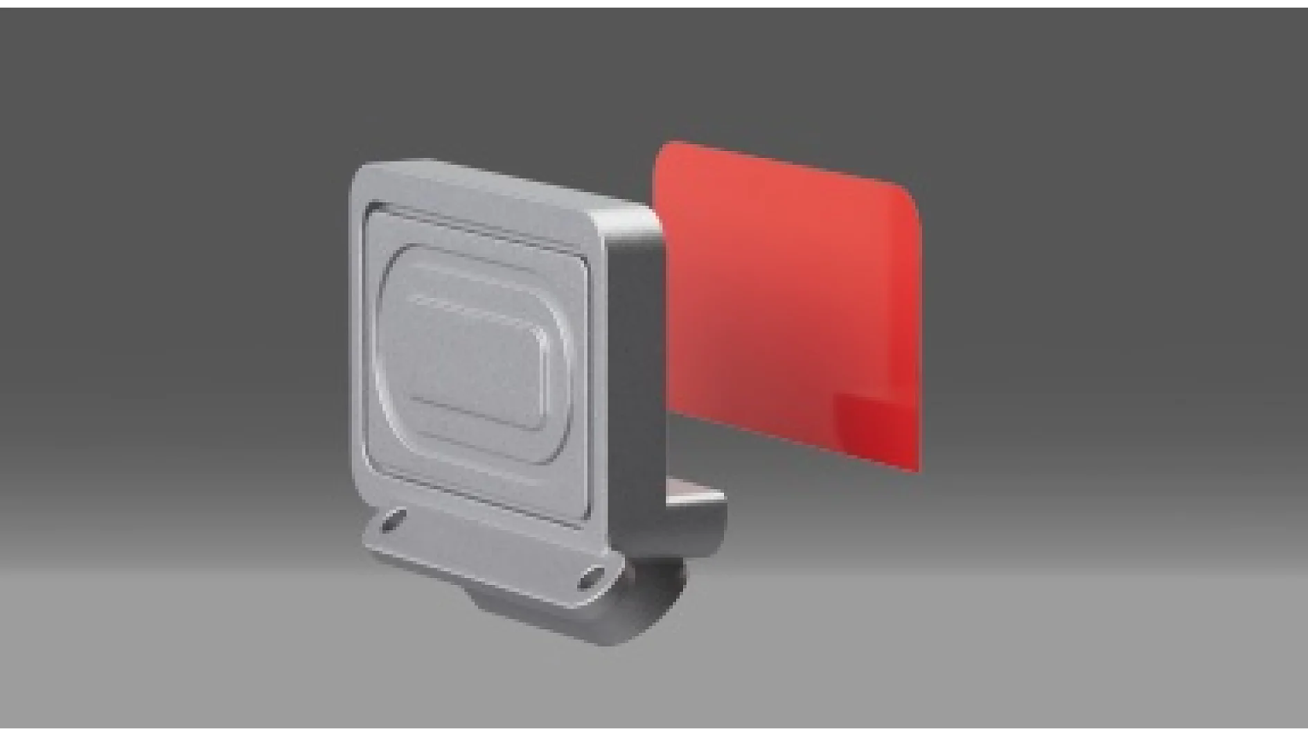 Se muestra un pequeño dispositivo metálico gris de forma rectangular montado en la pared. A su lado hay una pantalla roja semitransparente, posicionada ligeramente detrás y a la derecha del dispositivo. El fondo es un degradado de gris oscuro. (This text has been generated by AI)