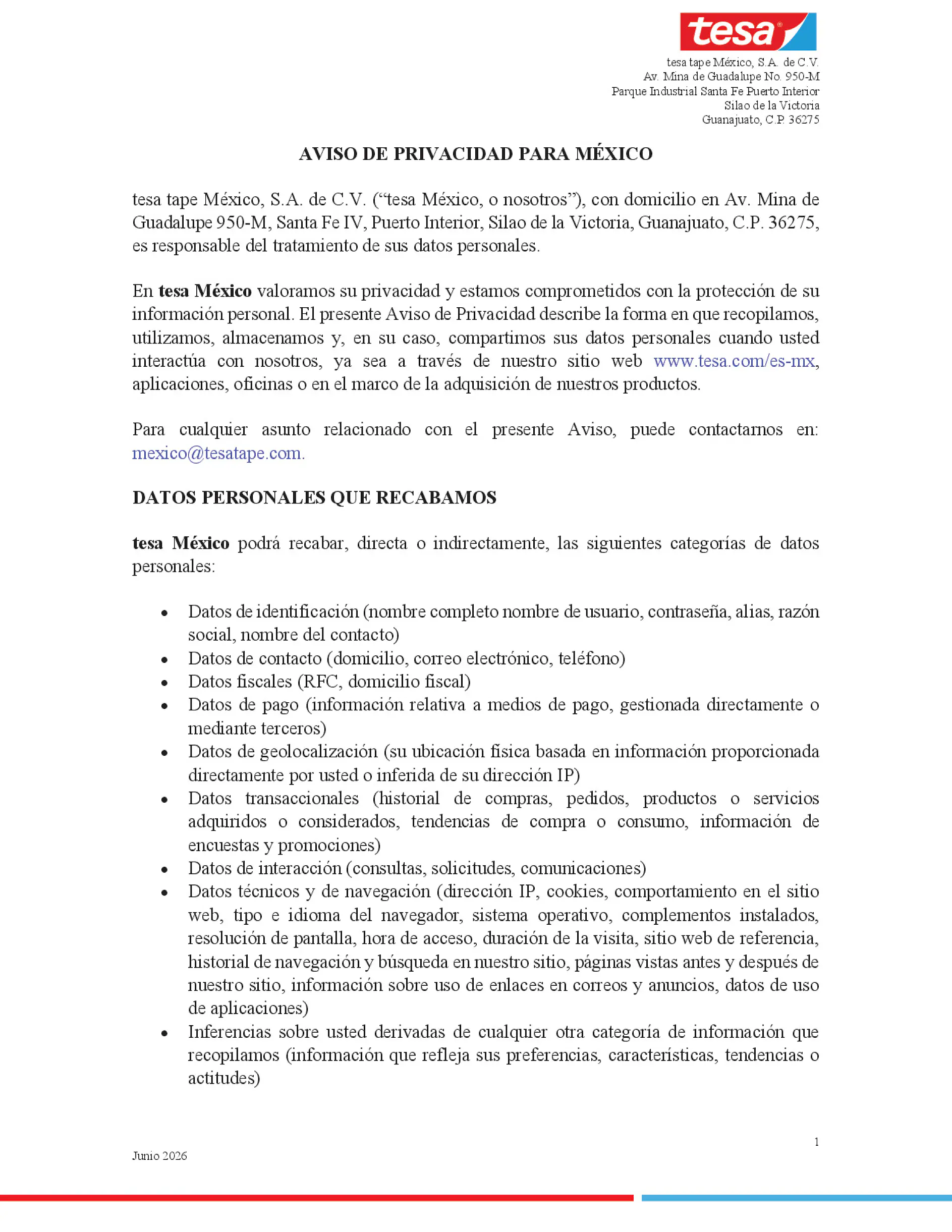 AVISO DE PRIVACIDAD WEBSITE TESA MEXICO Jun 2026