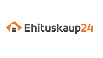 Ehituskaup24 logo, millel on vasakul oranži rombikujulise kujuga väike majaikoon. Tekst Ehituskaup24 on kirjutatud halli ja oranži värviga valgel taustal, ilma konkureerivate kaubamärkideta nagu tesa teip. (This text has been generated by AI)