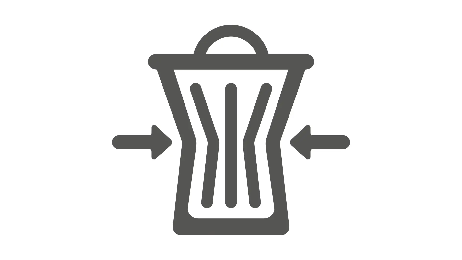 A gray icon depicting a trash bin with a lid, featuring curved vertical lines suggesting compression. Two arrows point inward from the sides towards the bin, indicating a compressing action. (This text has been generated by AI)