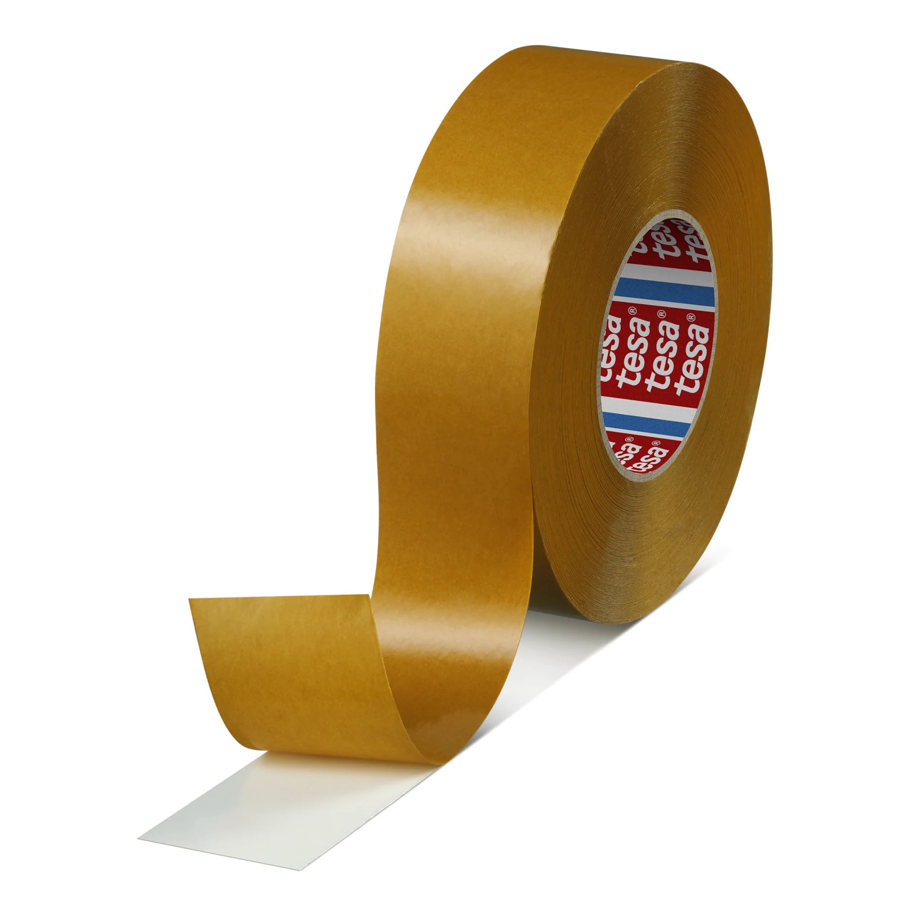 roll of brown tesa adhesive tape with a partially unrolled end on a white background (This text has been generated by AI)