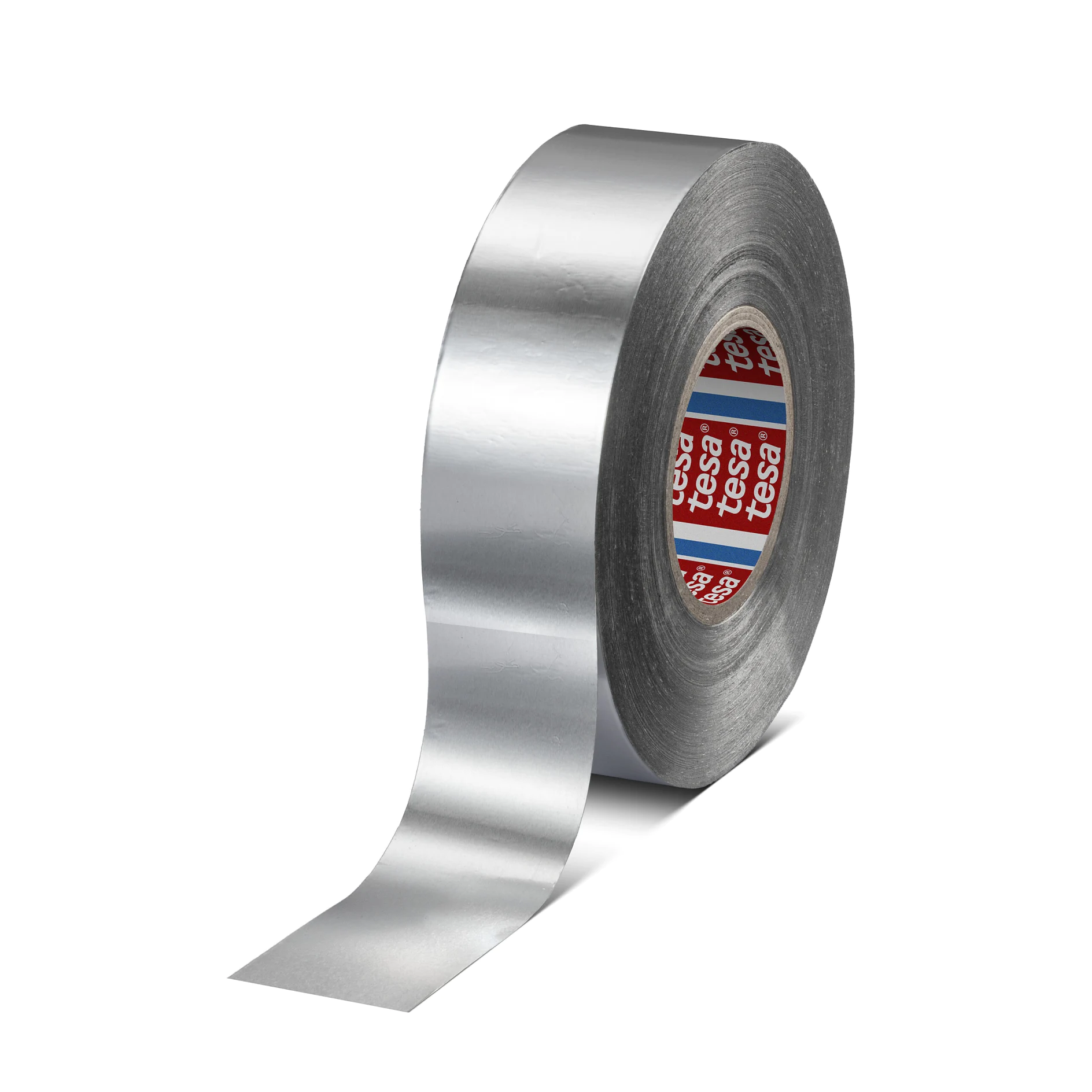 roll of silver tesa duct tape with partially unrolled strip on white background (This text has been generated by AI)