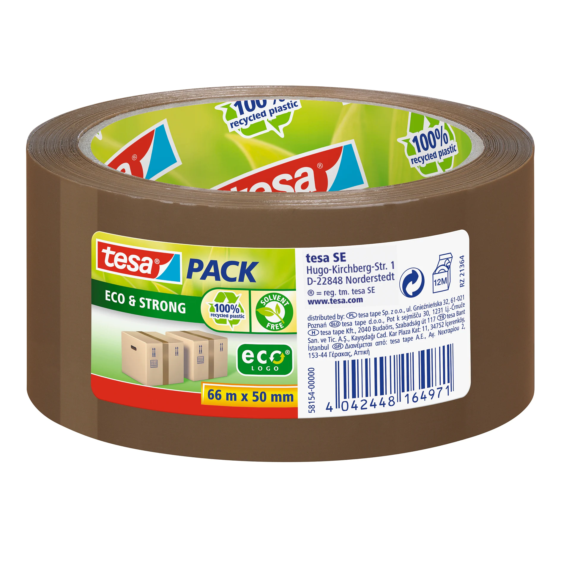 brown tesa pack eco & strong packing tape roll with eco-friendly labels and product details on an indoor white background (This text has been generated by AI)
