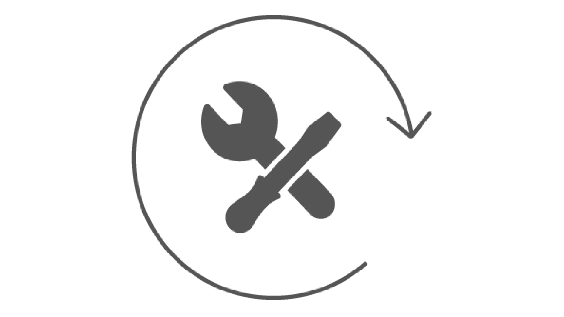 Ikoon, mis kujutab ristatud mutrivõtit ja kruvikeerajat ringikujulise noole näeb, mis sümboliseerib tööriistu või käimasolevat hooldust. Esemed ja nool on lihtsal hallil illustratsioonil läbipaistval taustal. (This text has been generated by AI)