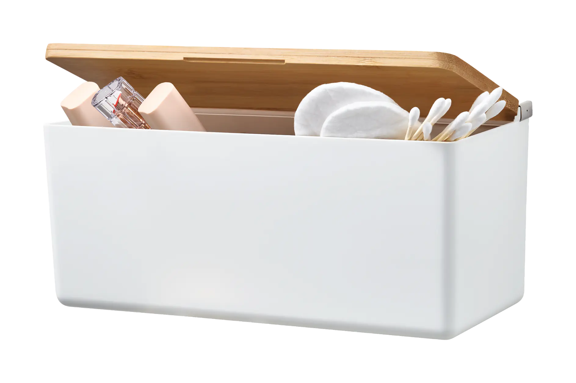A white storage box with an open wooden lid contains pink bottles, cotton pads, and tesa tape. (This text has been generated by AI)