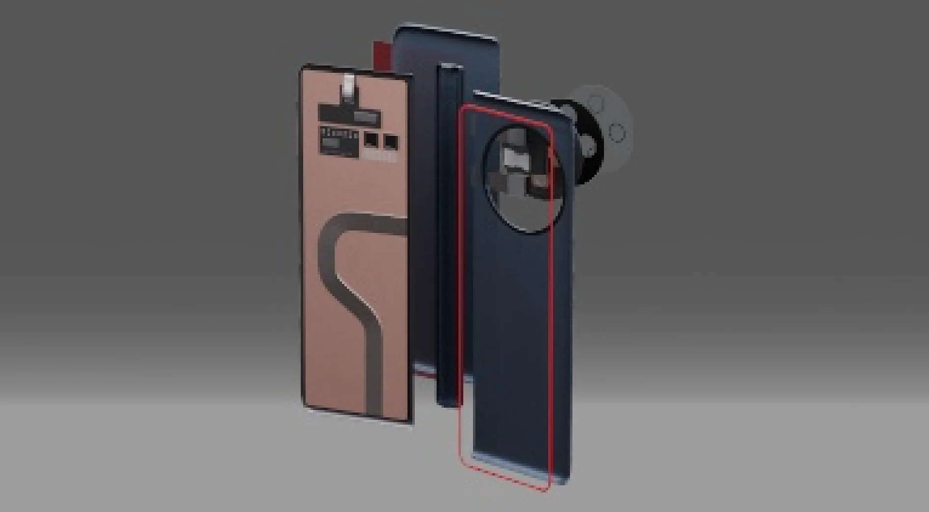 Kolm nutitelefoni on eksponeeritud lahtivõetuna, tutvustades sisemisi komponente ja väliskujundust. Igal telefonil on nähtavad vooluahelad ja kaameramoodulid, üks neist sisaldab mähise komponenti. tesa teipi on näha, millega mõned komponendid on kinnitatud. Taustaks on neutraalne hall gradient. (This text has been generated by AI)