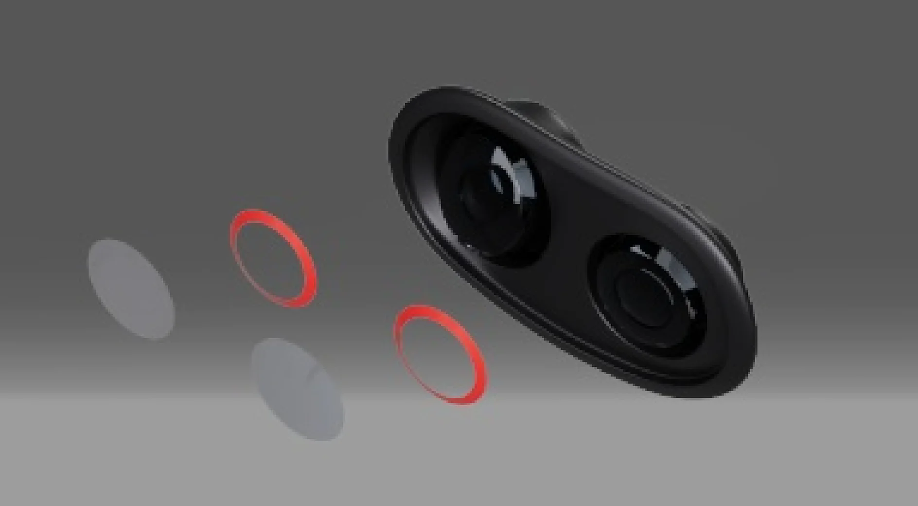 Kahe objektiiviga kaameramooduli lahtivõetud osade skeem. See koosneb kahest kumerast läätsest, kahest punasest ringikujulisest rõngast ja mustast ovaalsest korpusest, mida hoitakse koos tesa-teibiga. Taustaks on halltoonide gradient. (This text has been generated by AI)