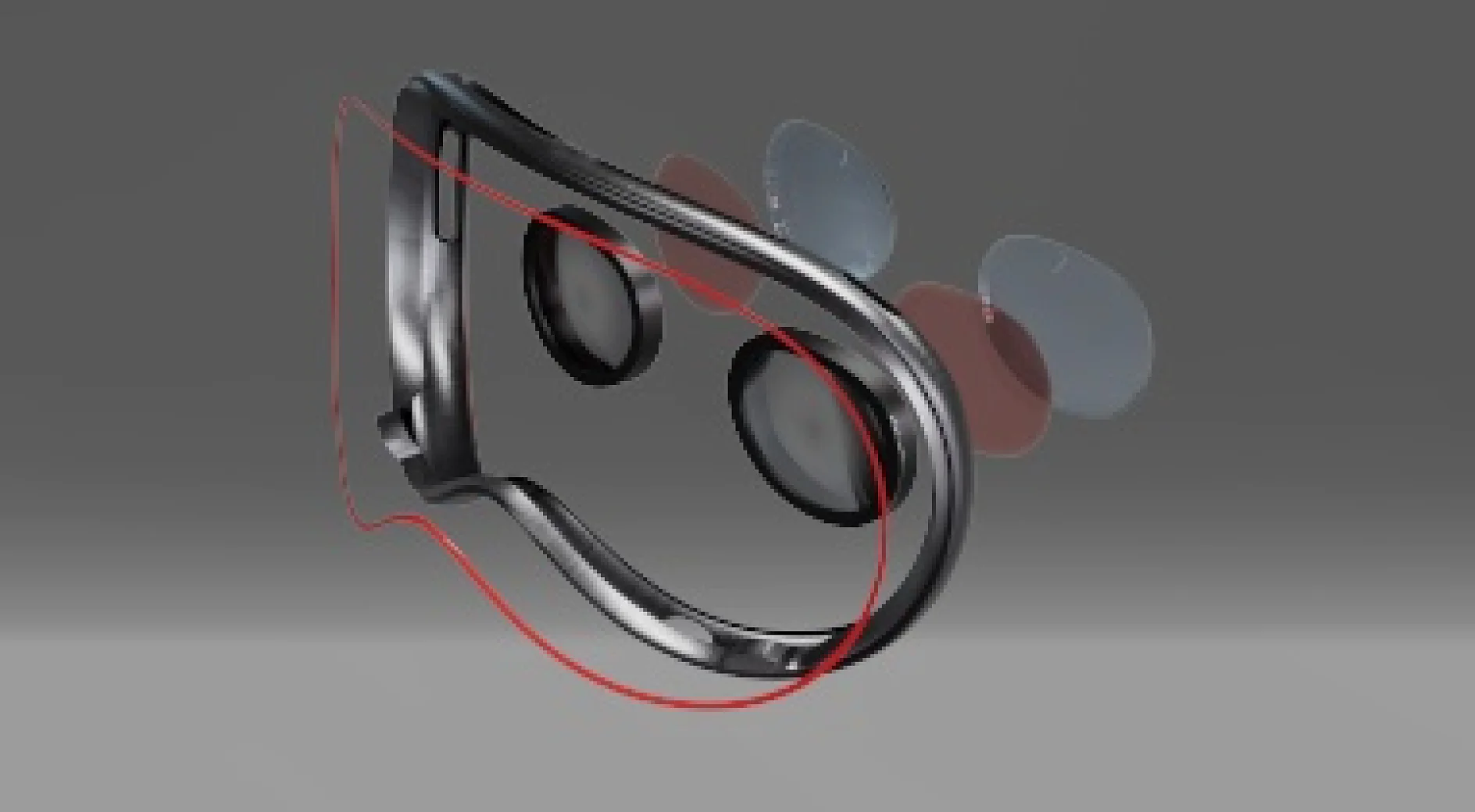 Virtuaalreaalsuse peakomplekti kasutajaliidese kujundus, milles on kihiline vaade läätse komponentidele ja raami struktuurile. Pildil on kujutatud läätsede ja peakomplekti välisraami paigutus hallil taustal, mida hoiab koos tesa teip. (This text has been generated by AI)