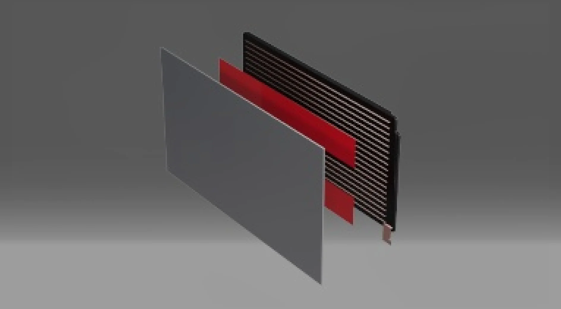 Kihilise elektroonikakomponendi digitaalne kujutis. Esiplaanil on hall ristkülikukujuline paneel, keskel punane ristkülikukujuline leht ja taustal must ruudustikulaadne struktuur halli gradienti taustal. (This text has been generated by AI)