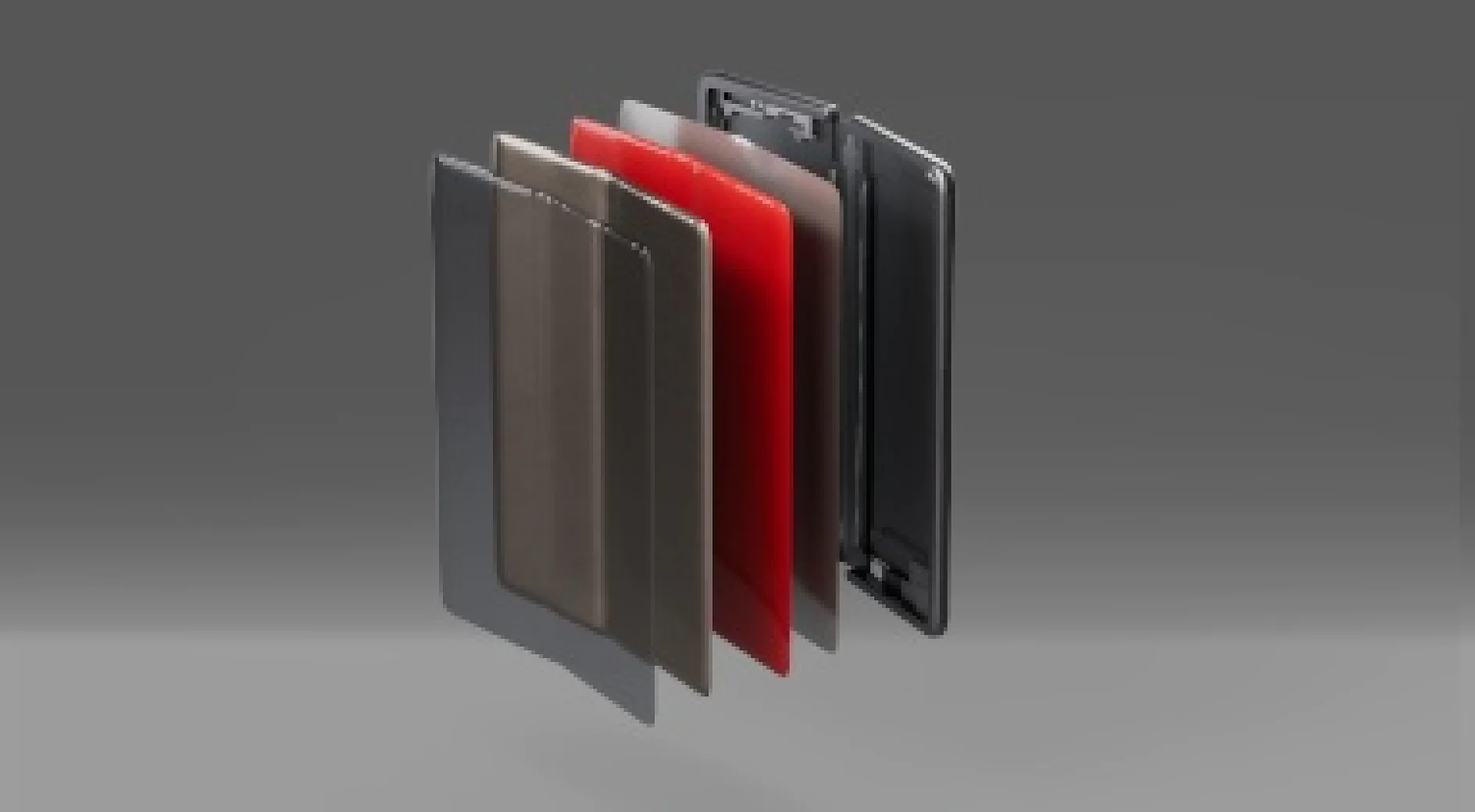 Tahvelarvutiseadme sisemisi komponente kujutavad kihid, mis on esitatud plahvatusvaate kujul. Kihtide värv ja materjal varieerub, sealhulgas mustad, hallid ja punased elemendid halli gradientitausta taustal. Erilist tähelepanu pööratakse tesa teibi paigutusele ja pealekandmisele kogu koostu ulatuses. (This text has been generated by AI)