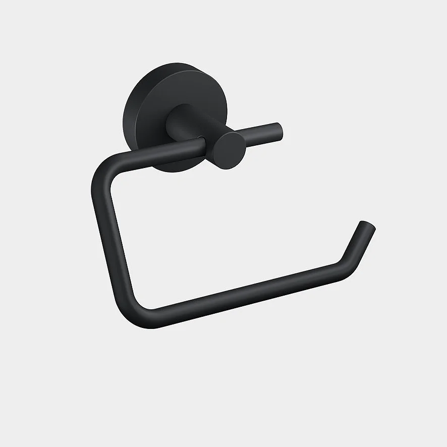 A black matte toilet paper holder mounted on a light gray wall. The holder features a minimalist design with a circular base and a bent arm for holding a roll of tesa tape toilet paper. (This text has been generated by AI)