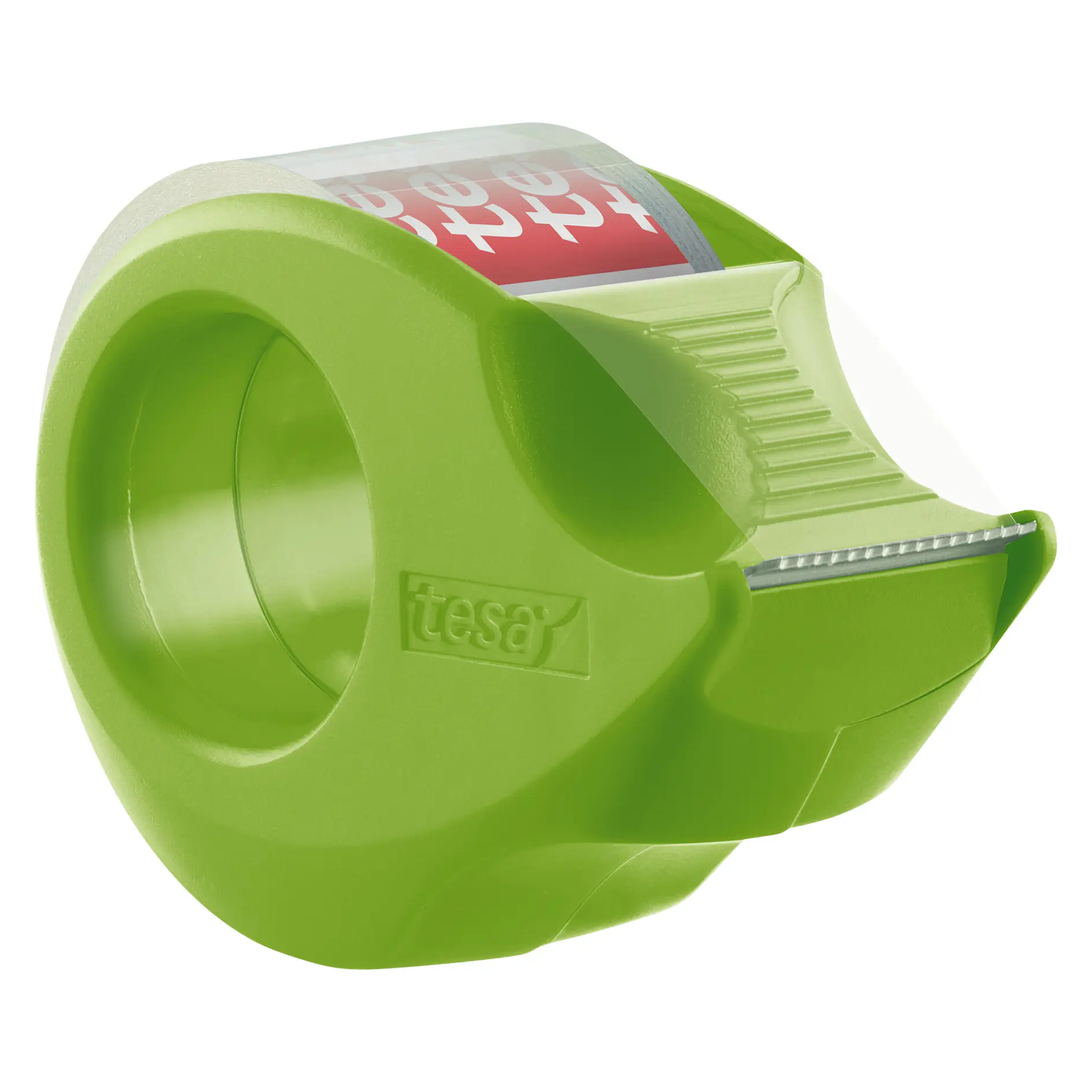 Green tesa tape dispenser with a serrated edge for cutting tape, shown against a white background. (This text has been generated by AI)