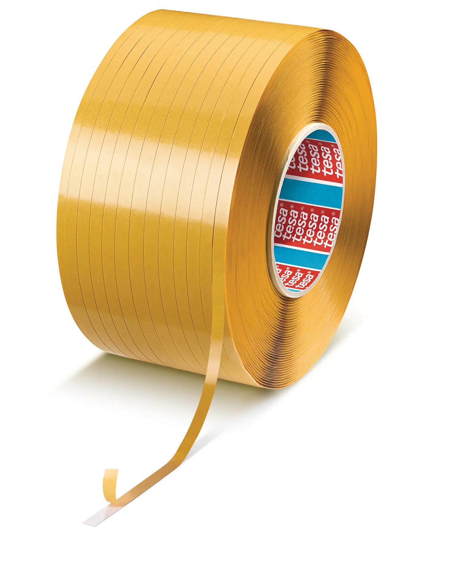 roll of tesa branded yellow strapping tape with loose end, isolated on white background (This text has been generated by AI)
