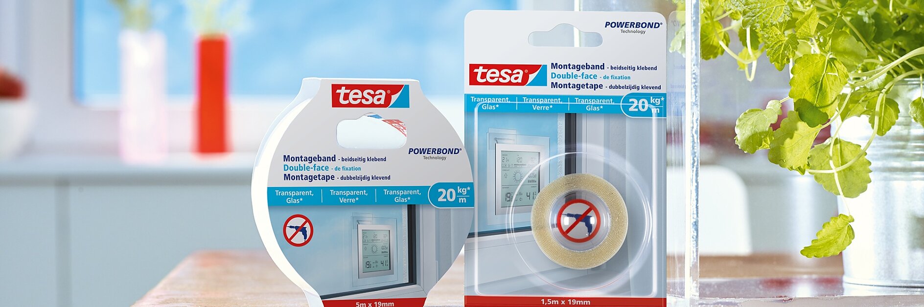 Sådan bruger du tesa® Monteringstape til transparente overflader og glas 20 kg/m.